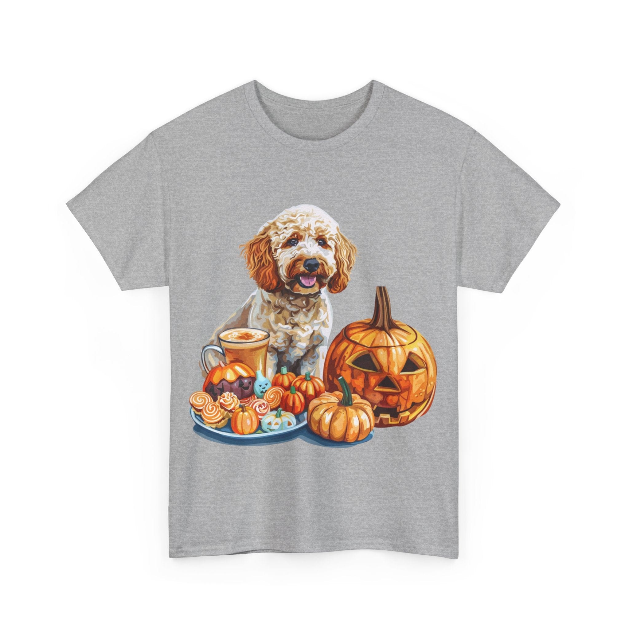 Printify T-Shirt Adorable Cockapoo Halloween Design with Pumpkins and Festive Treats - Perfect for Dog Lovers