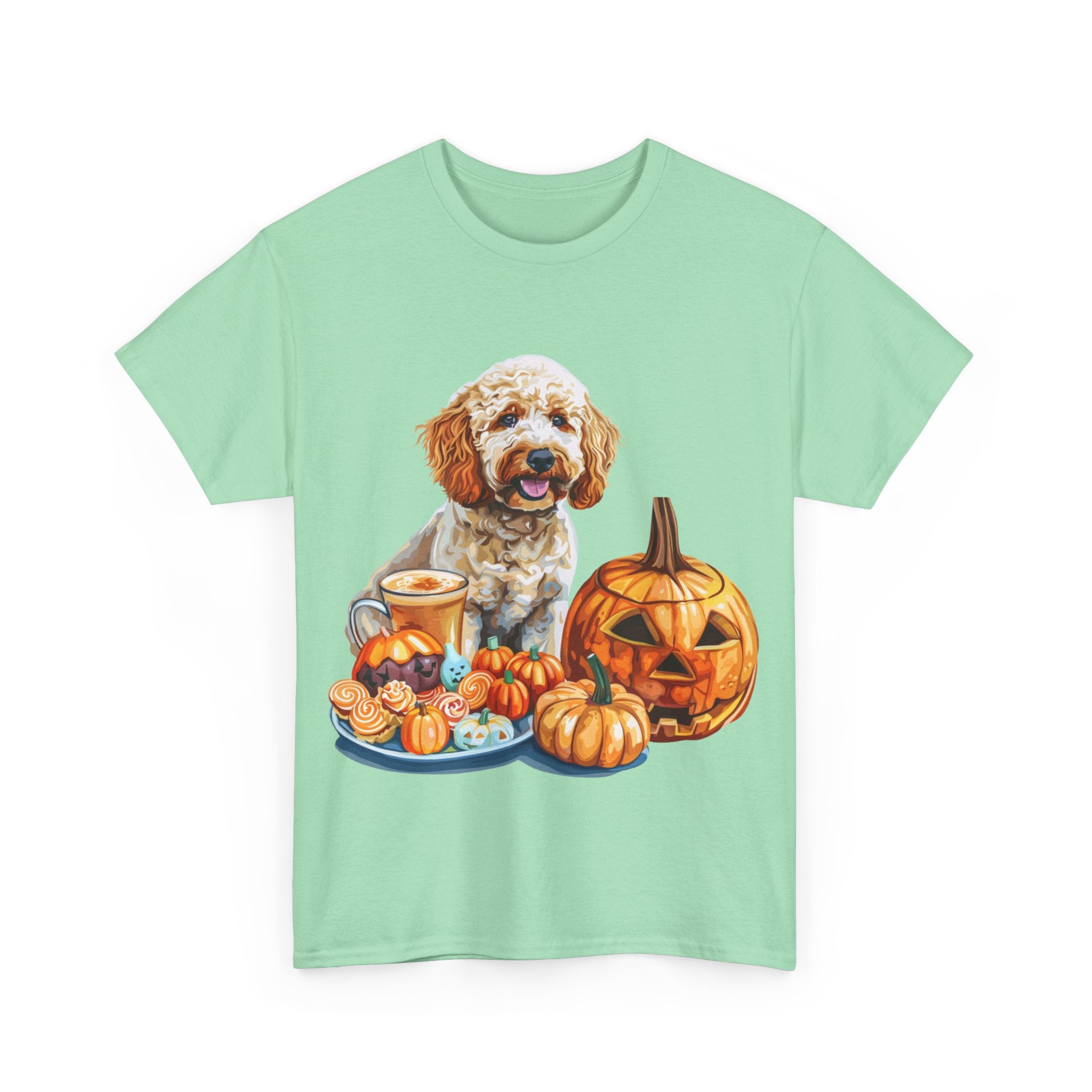 Printify T-Shirt Adorable Cockapoo Halloween Design with Pumpkins and Festive Treats - Perfect for Dog Lovers