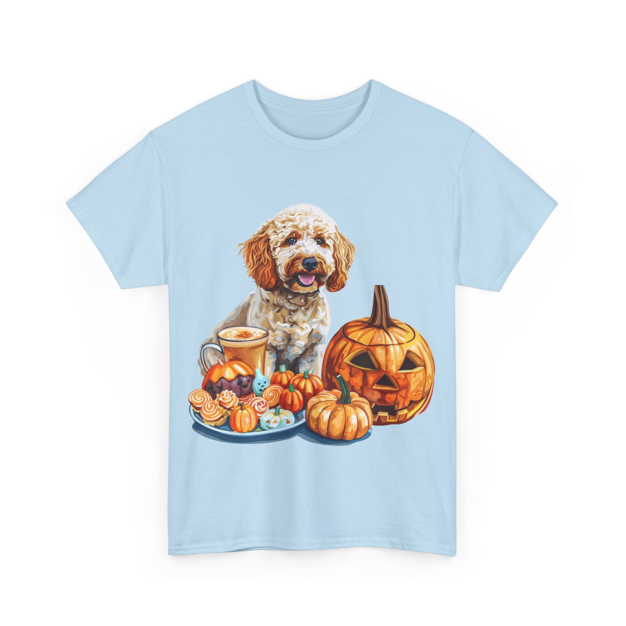 Printify T-Shirt Adorable Cockapoo Halloween Design with Pumpkins and Festive Treats - Perfect for Dog Lovers