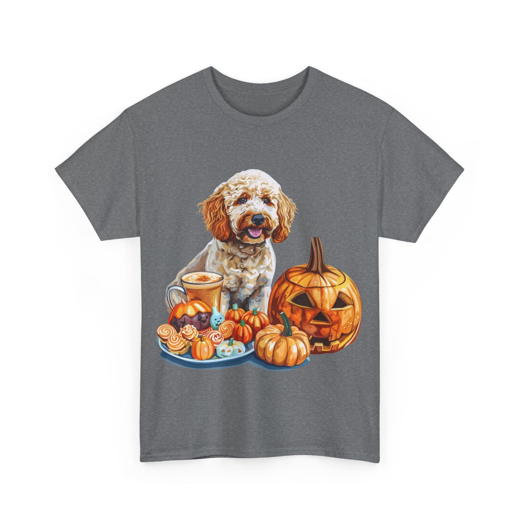 Printify T-Shirt Adorable Cockapoo Halloween Design with Pumpkins and Festive Treats - Perfect for Dog Lovers