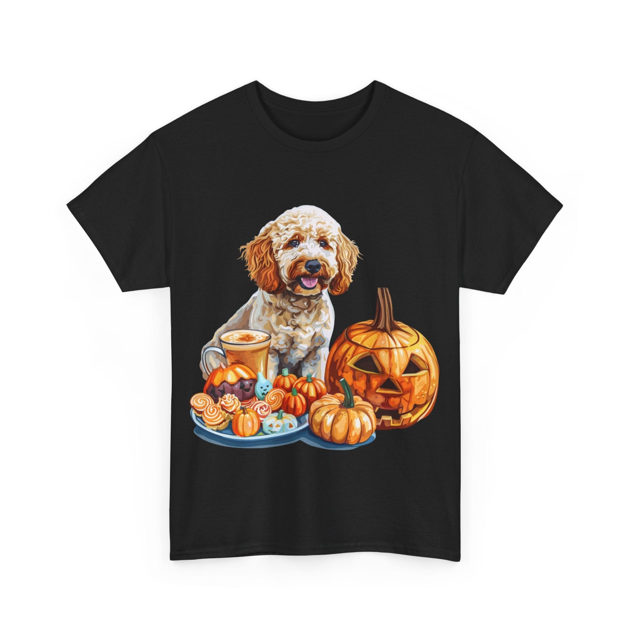 Printify T-Shirt Adorable Cockapoo Halloween Design with Pumpkins and Festive Treats - Perfect for Dog Lovers