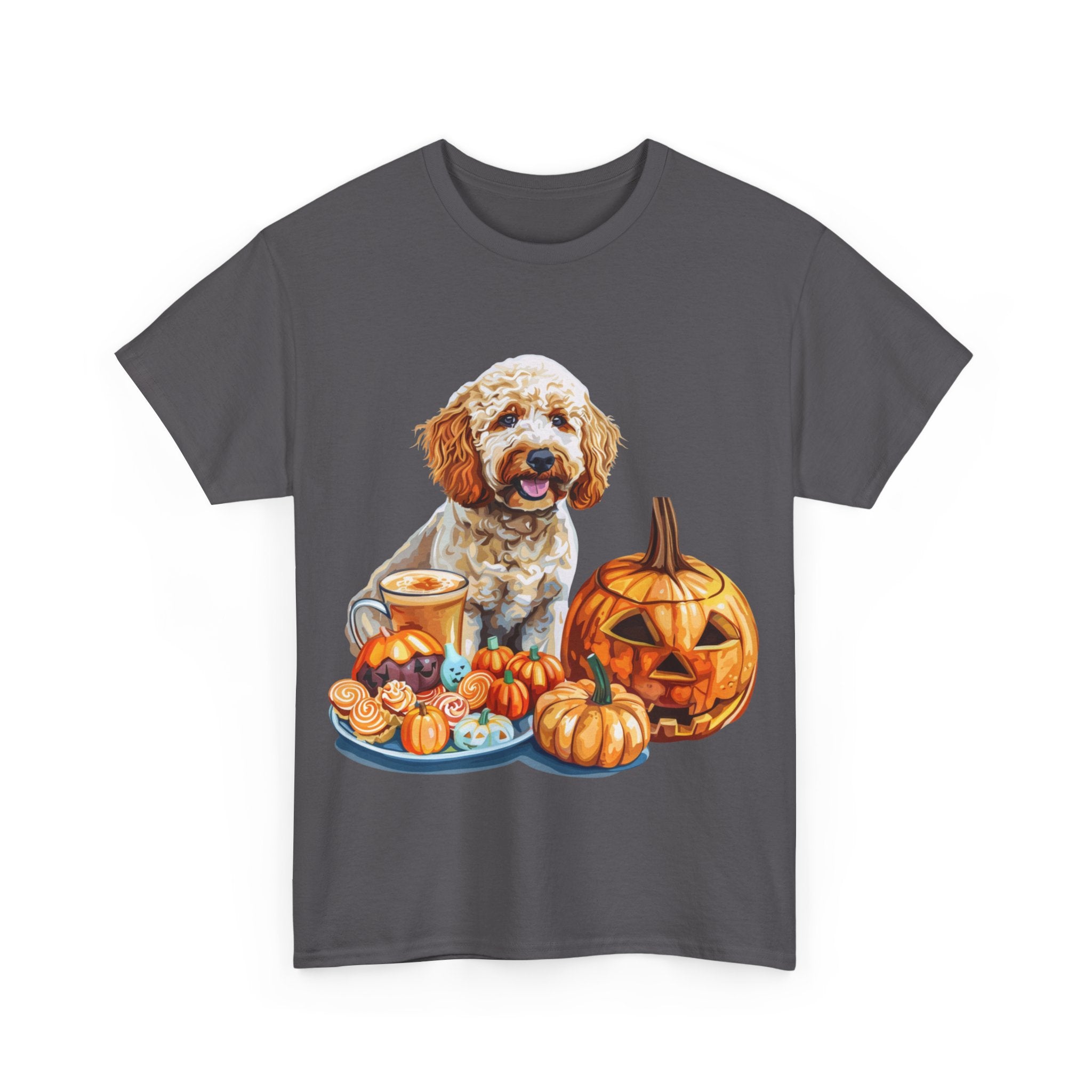 Printify T-Shirt Adorable Cockapoo Halloween Design with Pumpkins and Festive Treats - Perfect for Dog Lovers