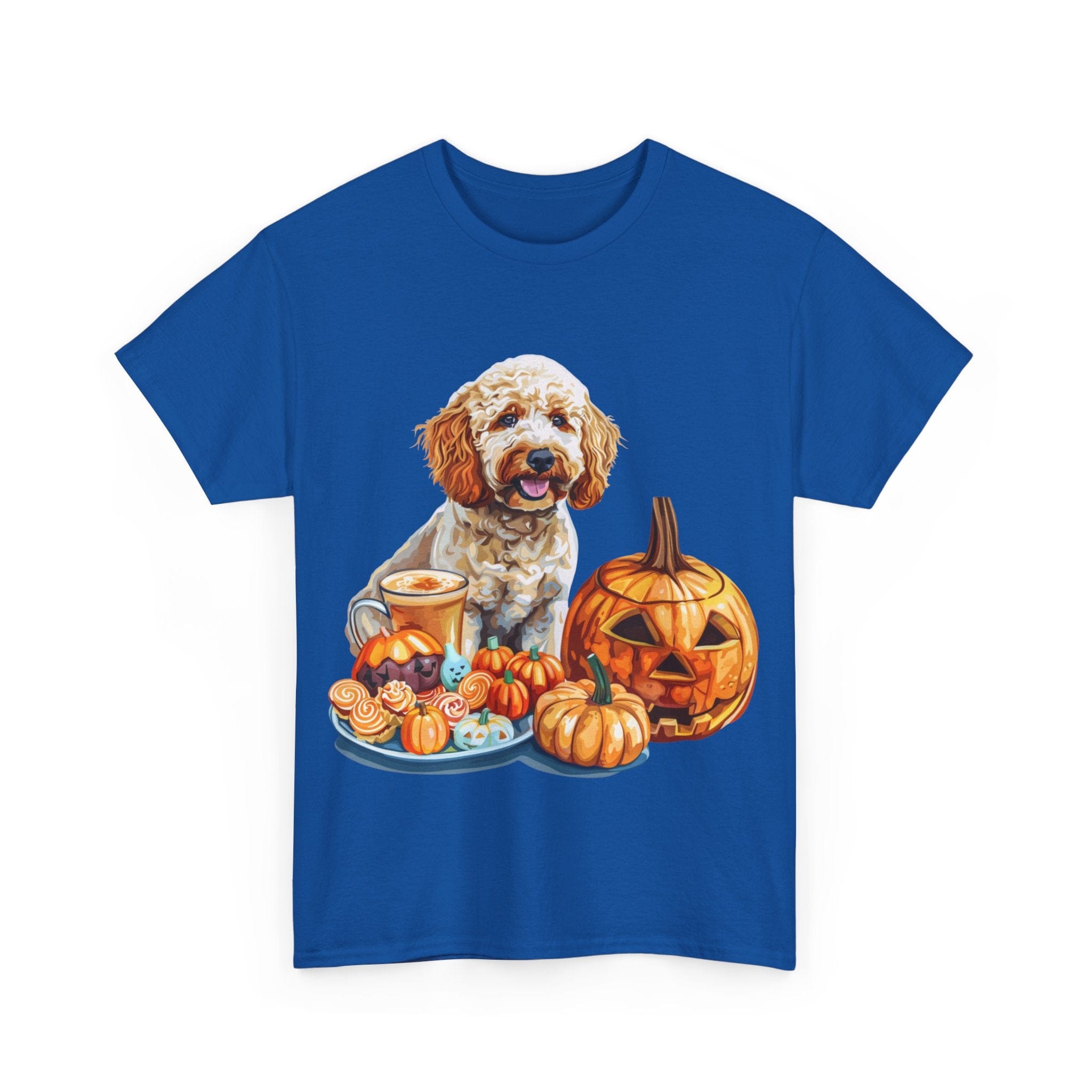 Printify T-Shirt Adorable Cockapoo Halloween Design with Pumpkins and Festive Treats - Perfect for Dog Lovers