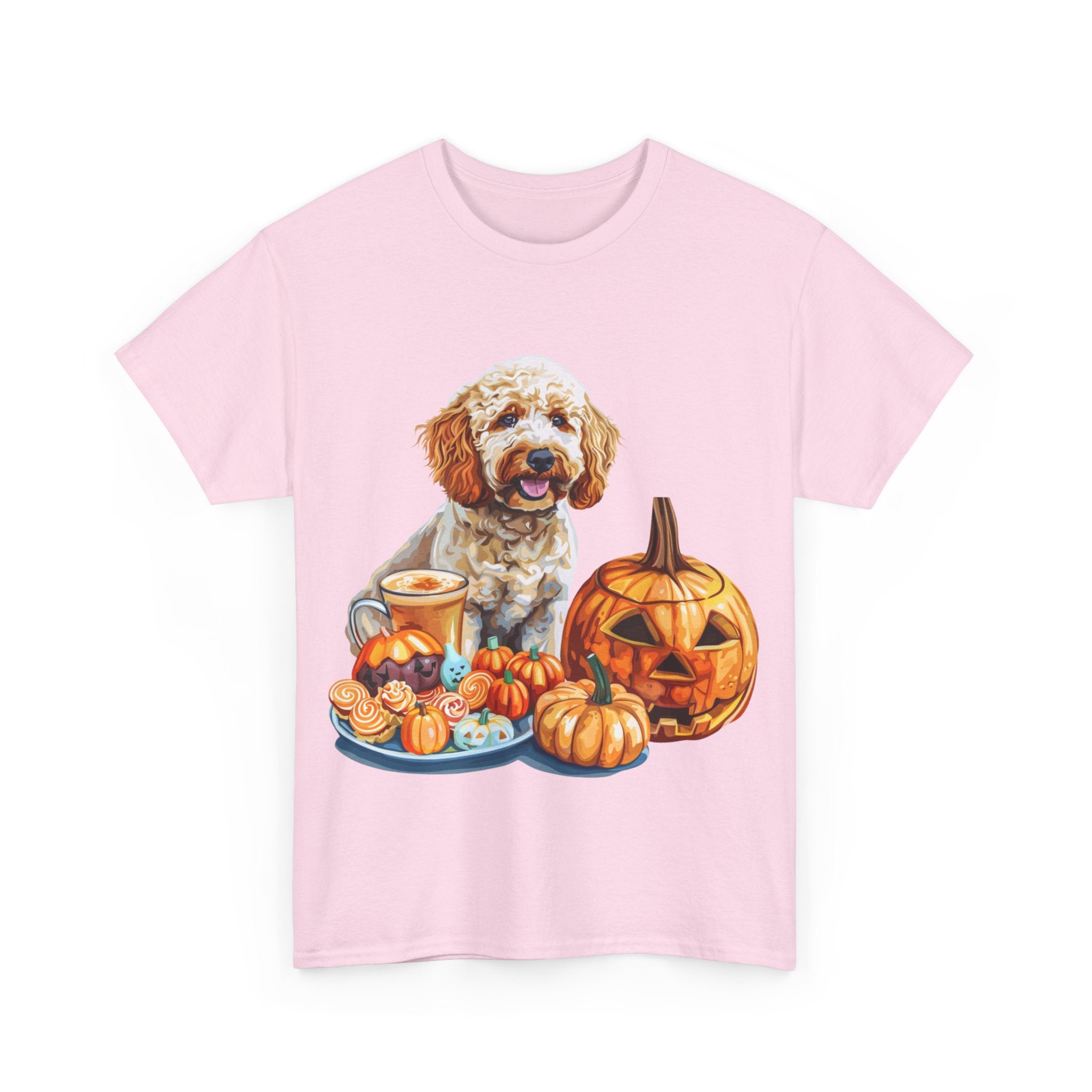 Printify T-Shirt Adorable Cockapoo Halloween Design with Pumpkins and Festive Treats - Perfect for Dog Lovers