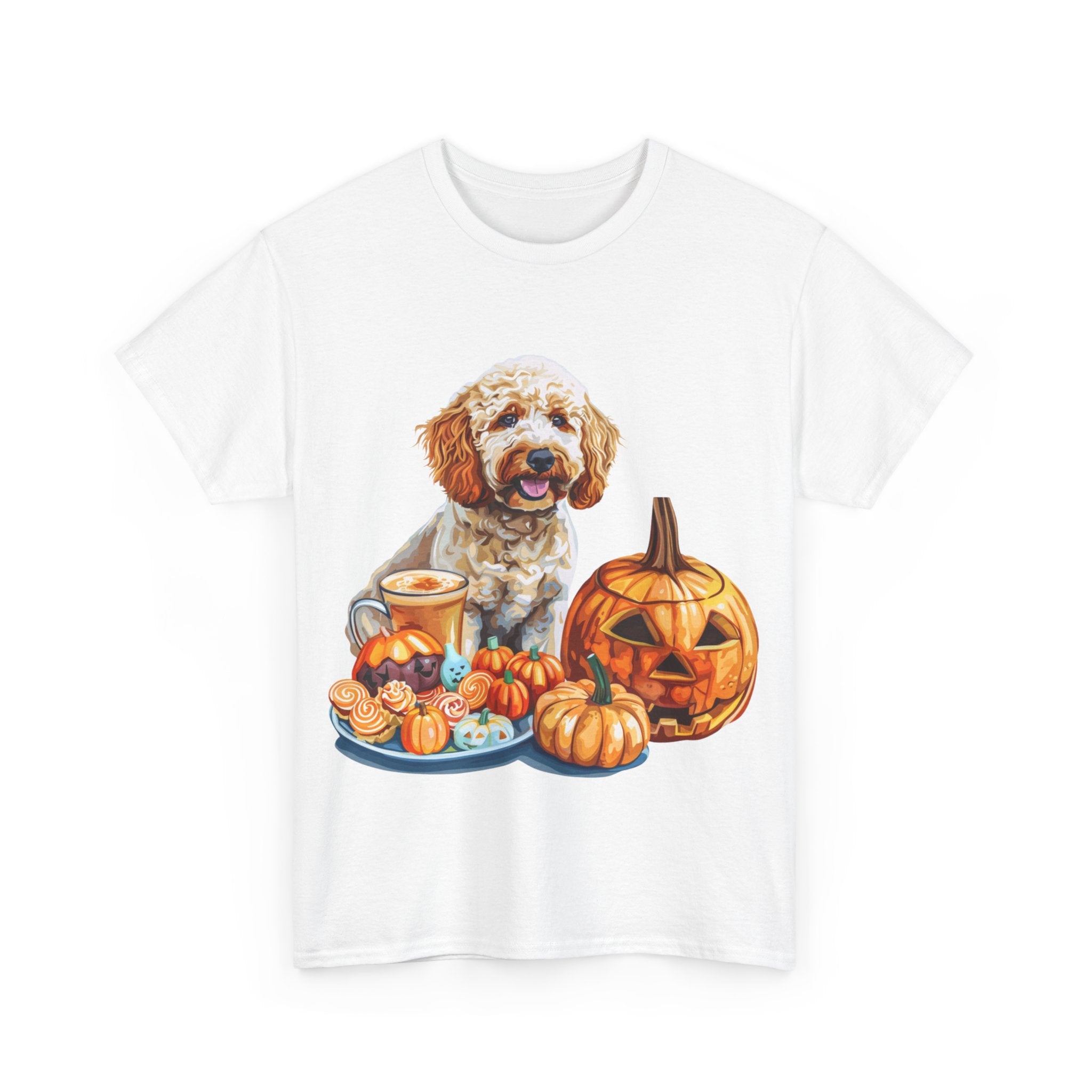 Printify T-Shirt Adorable Cockapoo Halloween Design with Pumpkins and Festive Treats - Perfect for Dog Lovers