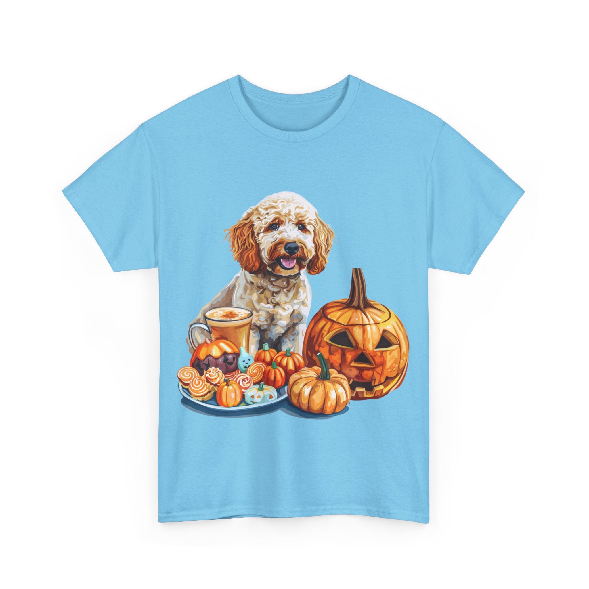 Printify T-Shirt Adorable Cockapoo Halloween Design with Pumpkins and Festive Treats - Perfect for Dog Lovers