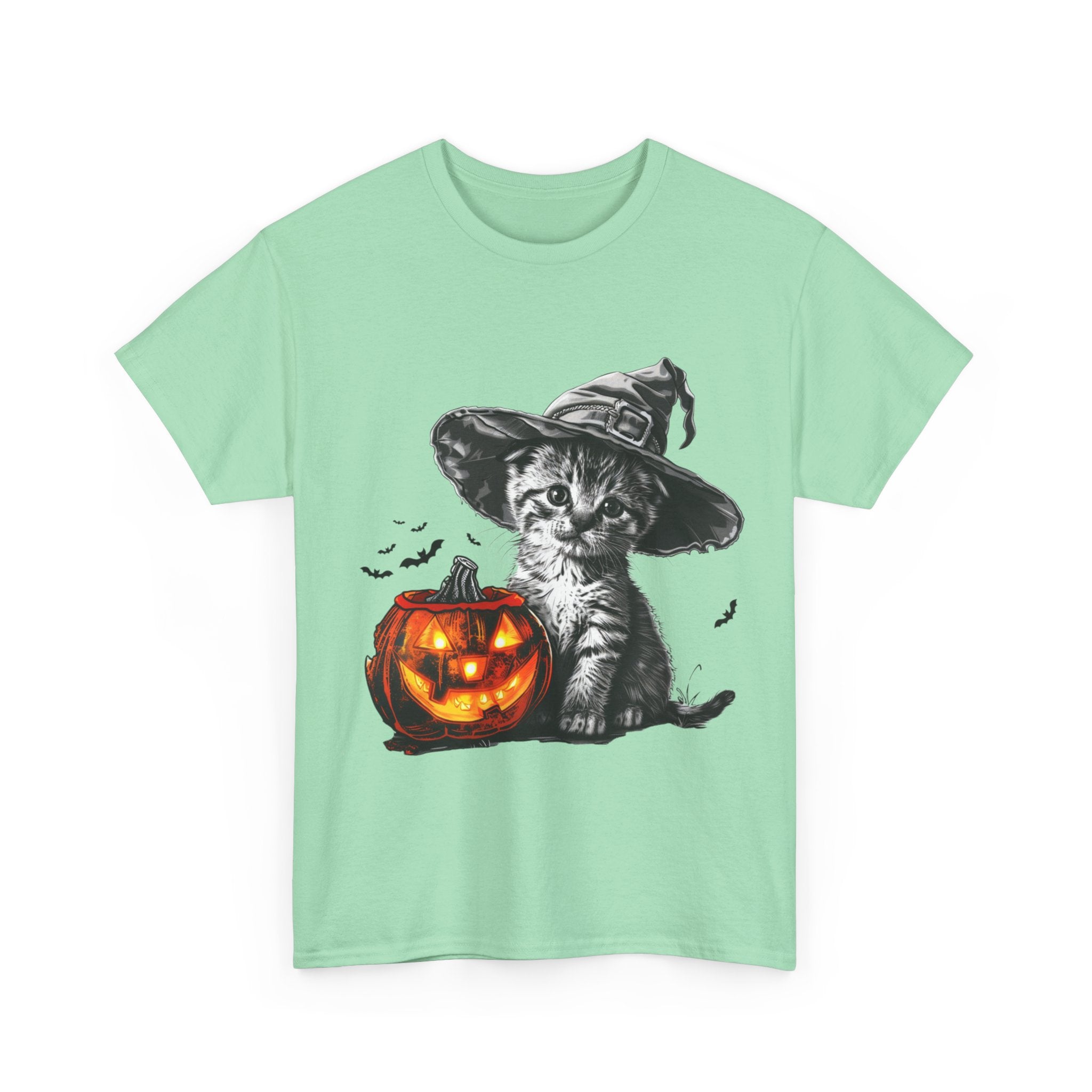 Printify T-Shirt Adorable Kitten Witch Halloween Shirt – Spooky Pumpkin Design