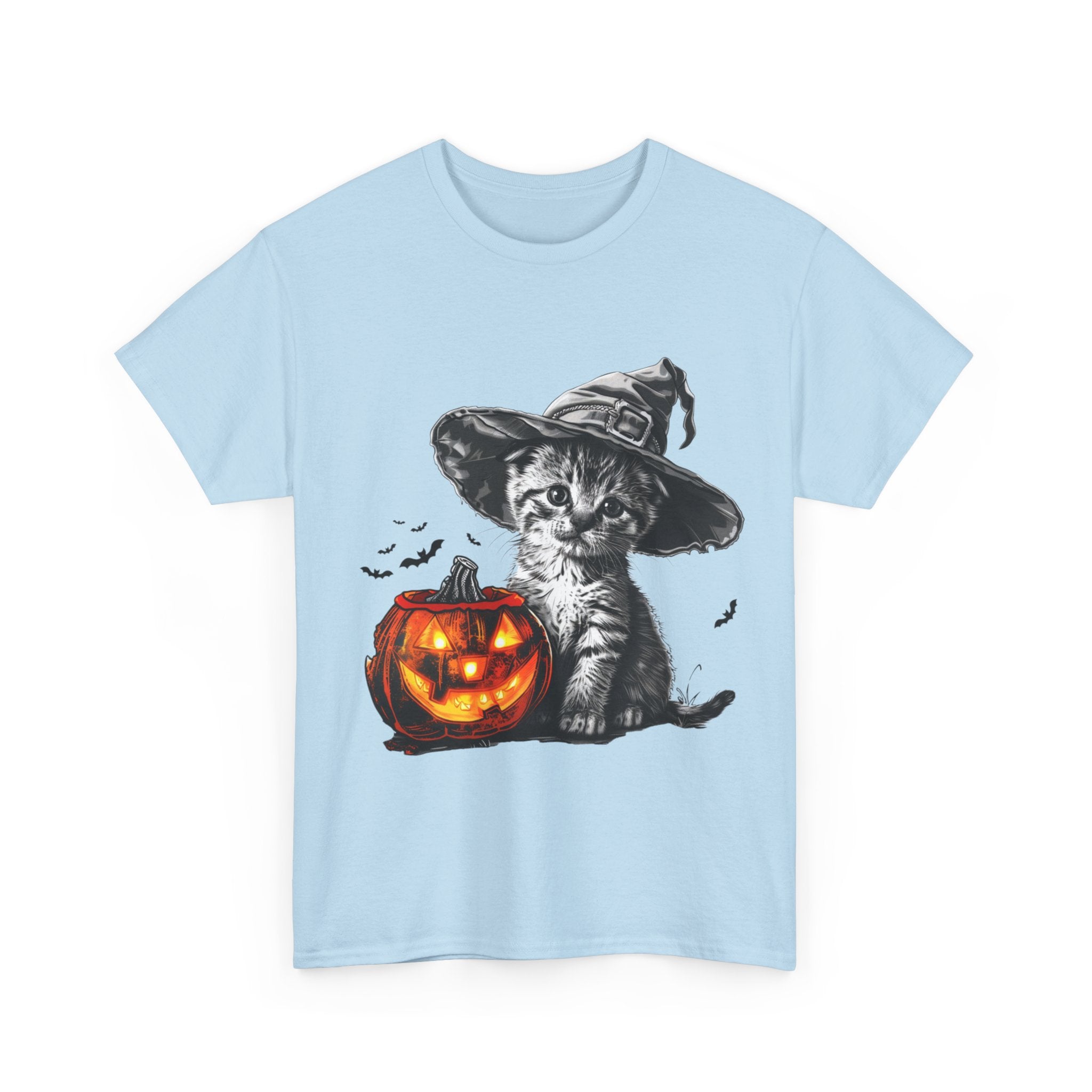 Printify T-Shirt Adorable Kitten Witch Halloween Shirt – Spooky Pumpkin Design