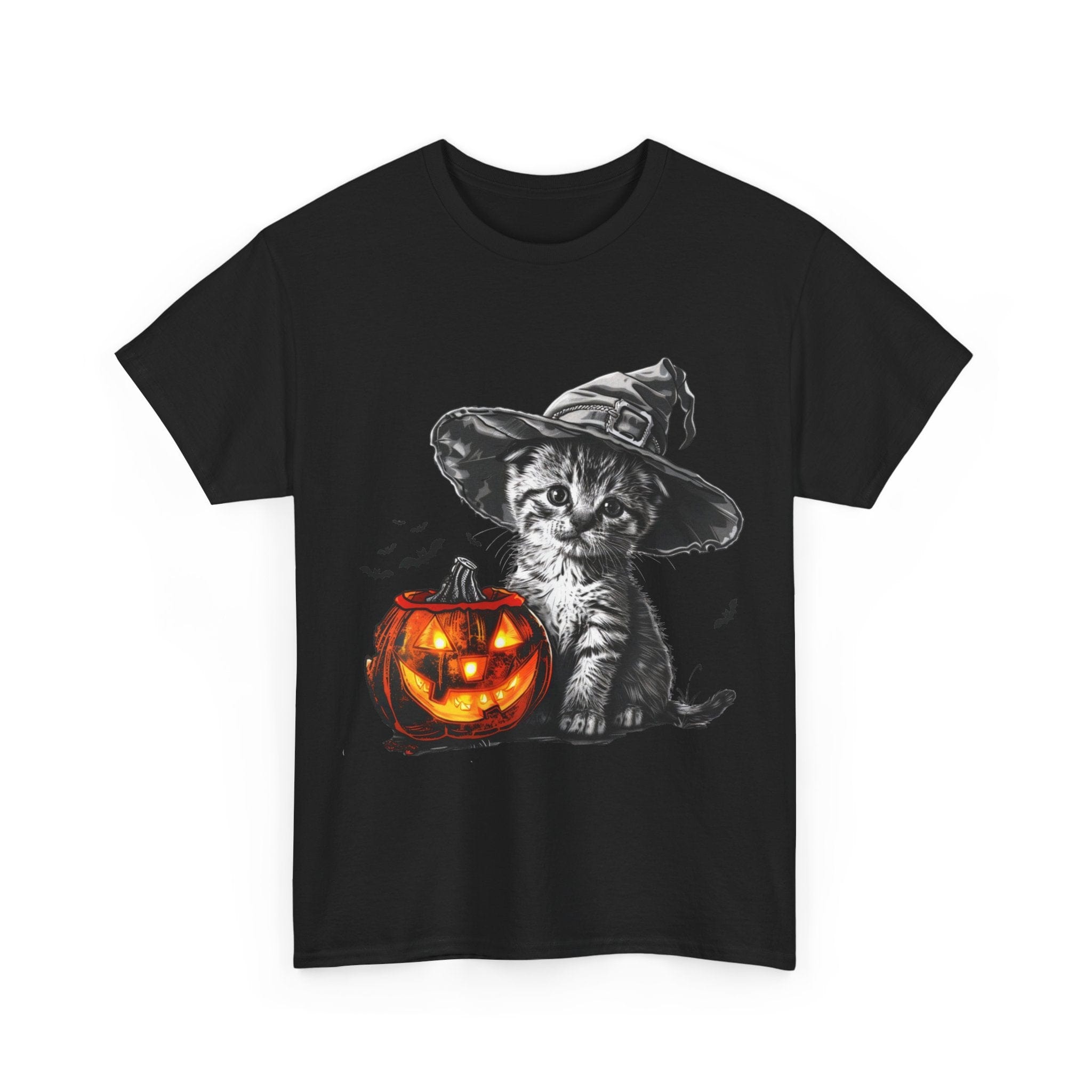 Printify T-Shirt Adorable Kitten Witch Halloween Shirt – Spooky Pumpkin Design