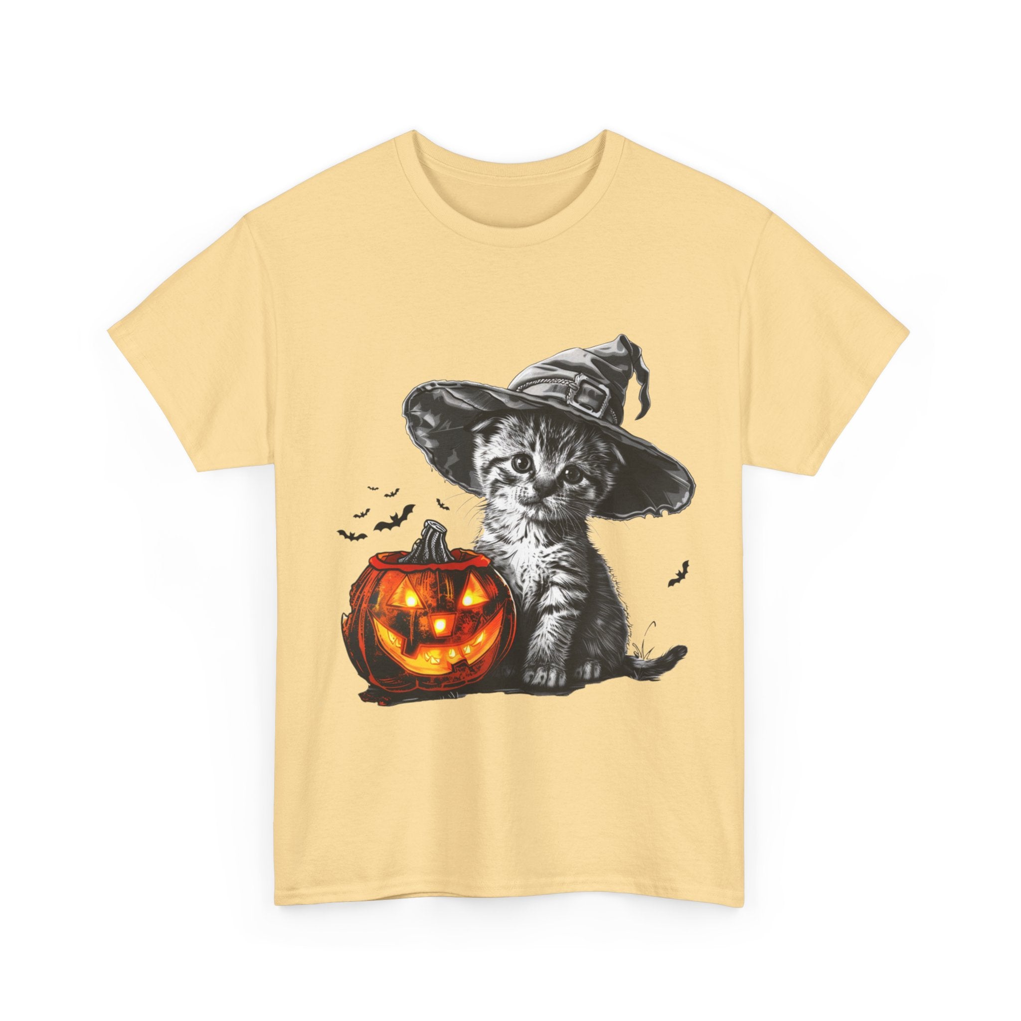 Printify T-Shirt Adorable Kitten Witch Halloween Shirt – Spooky Pumpkin Design