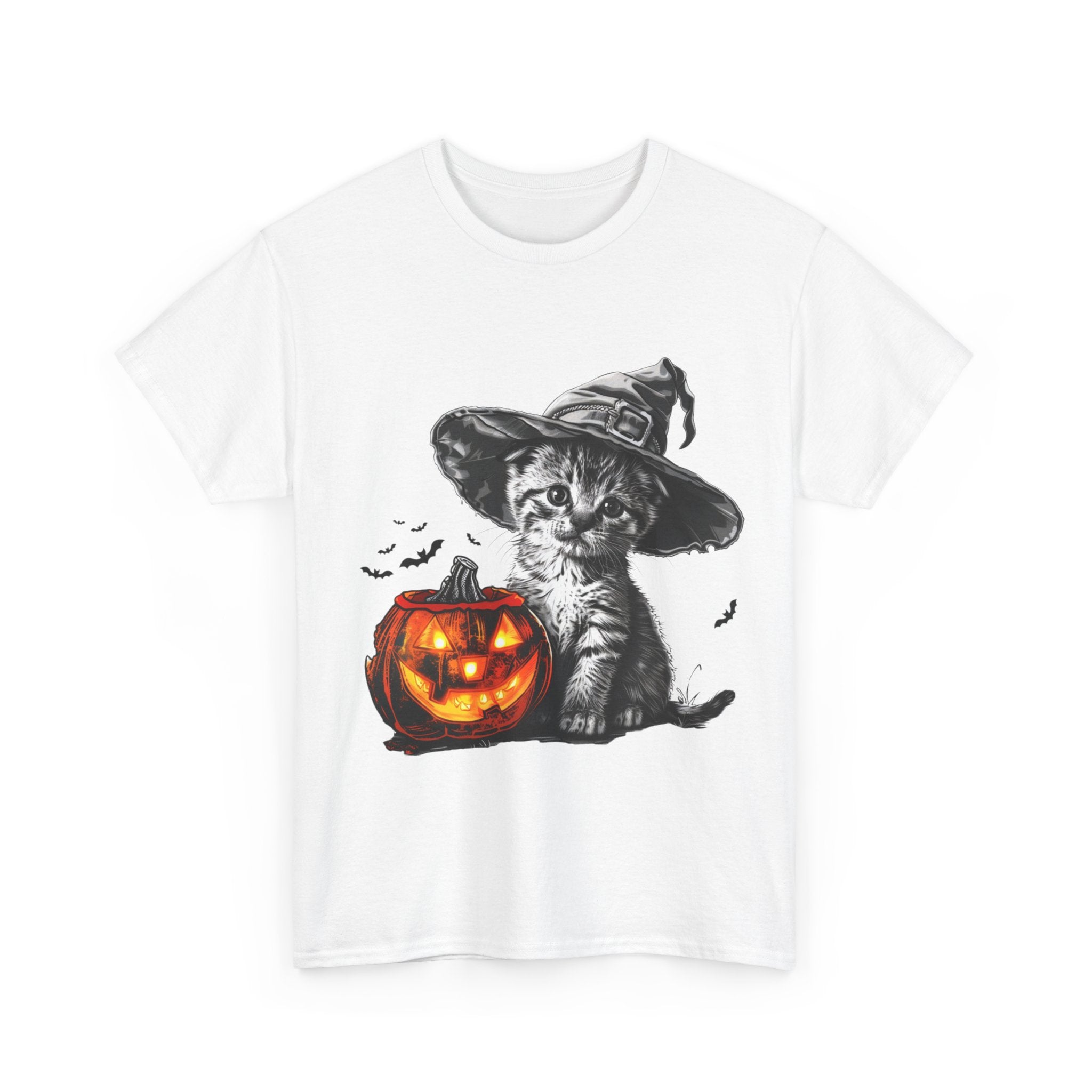 Printify T-Shirt Adorable Kitten Witch Halloween Shirt – Spooky Pumpkin Design