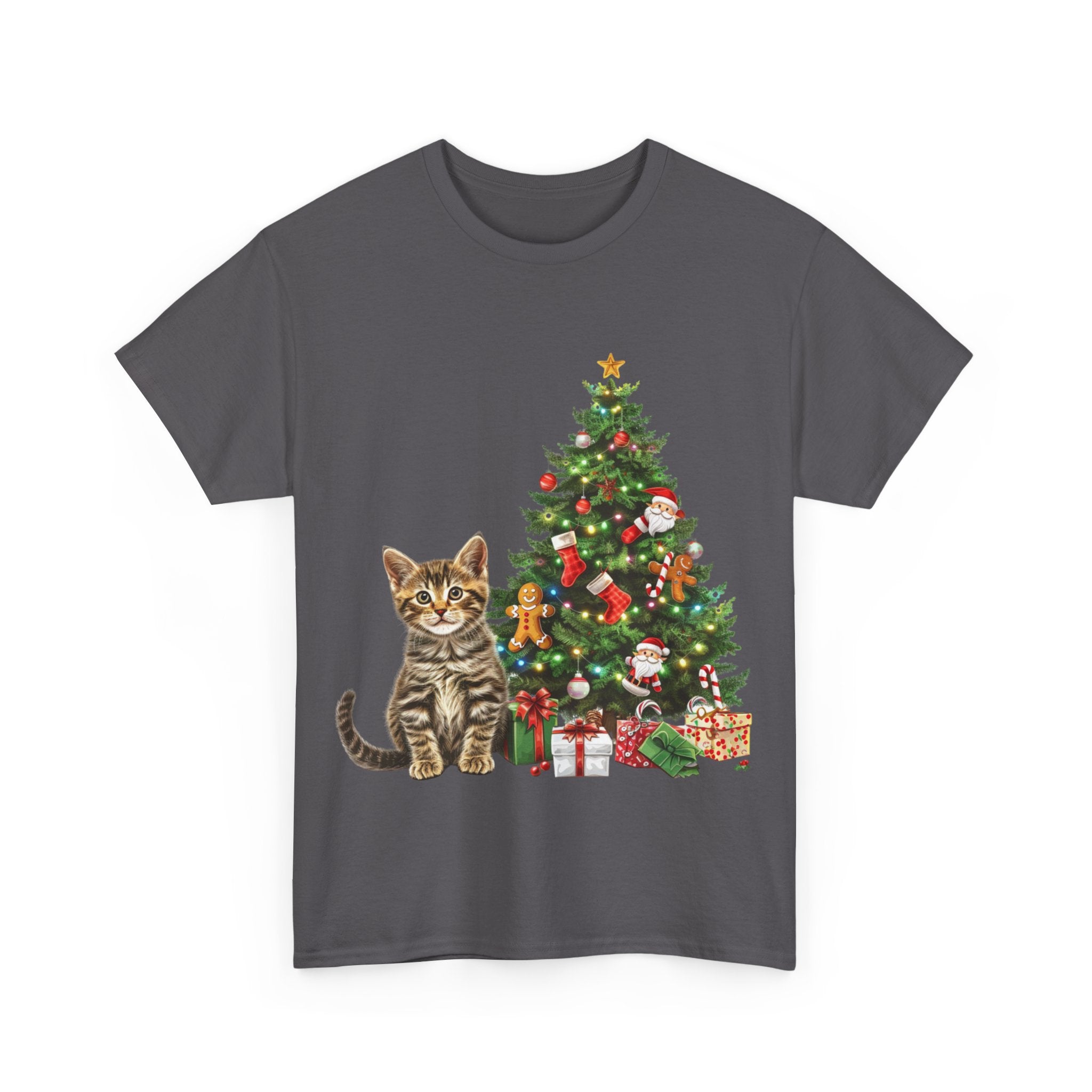 Printify T-Shirt Adorable Tabby Kitten with Christmas Tree and Gifts – Festive Holiday Cat Art