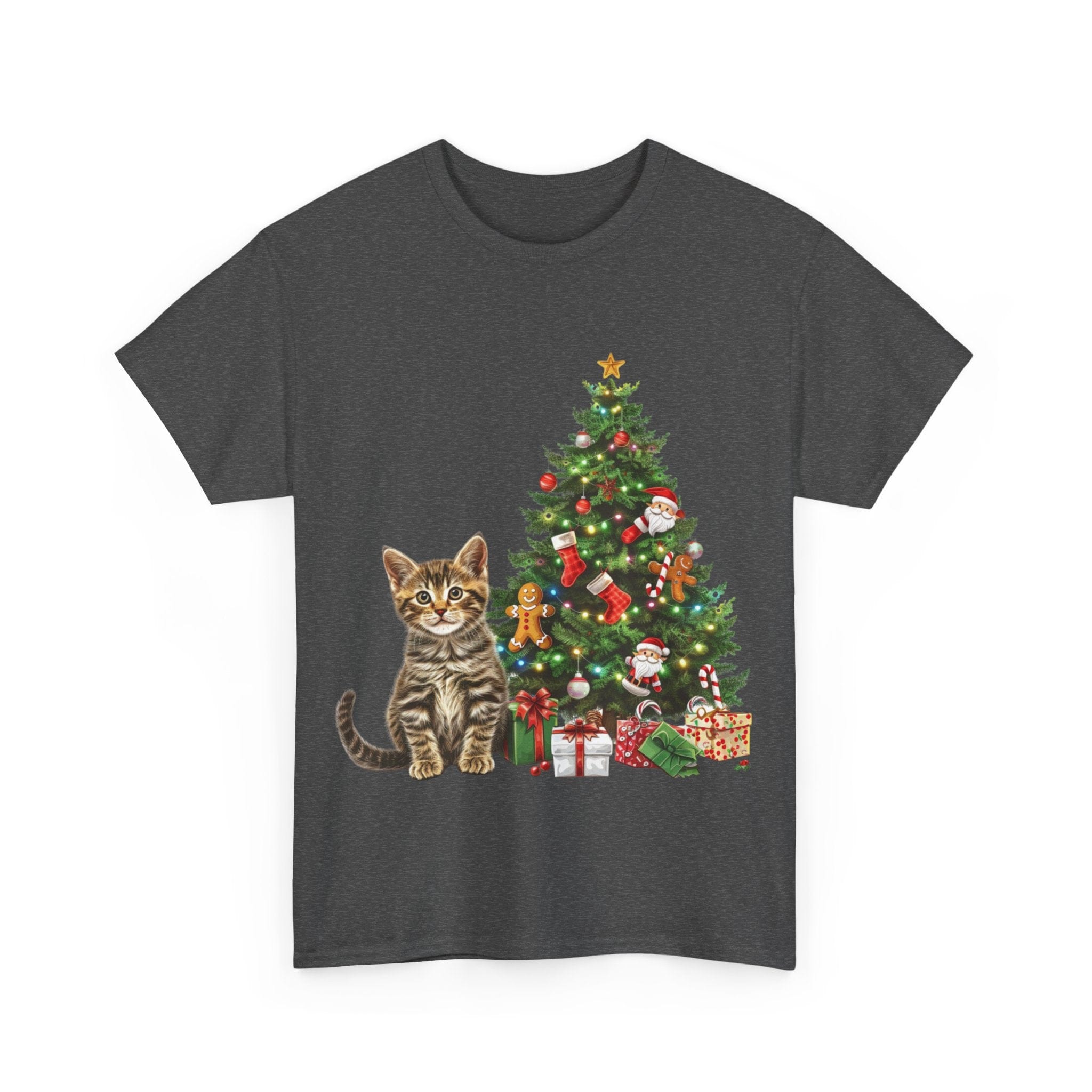 Printify T-Shirt Adorable Tabby Kitten with Christmas Tree and Gifts – Festive Holiday Cat Art