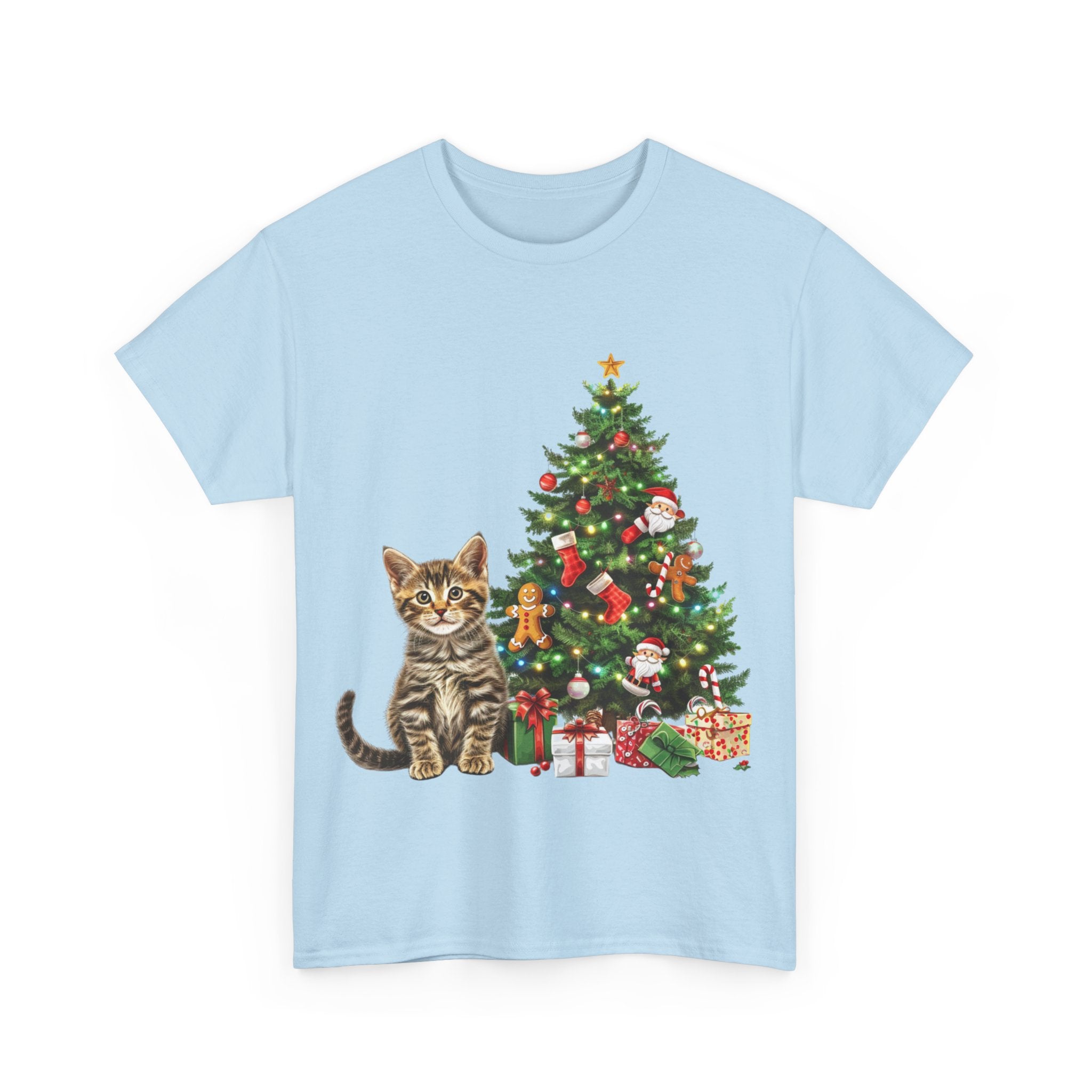 Printify T-Shirt Adorable Tabby Kitten with Christmas Tree and Gifts – Festive Holiday Cat Art