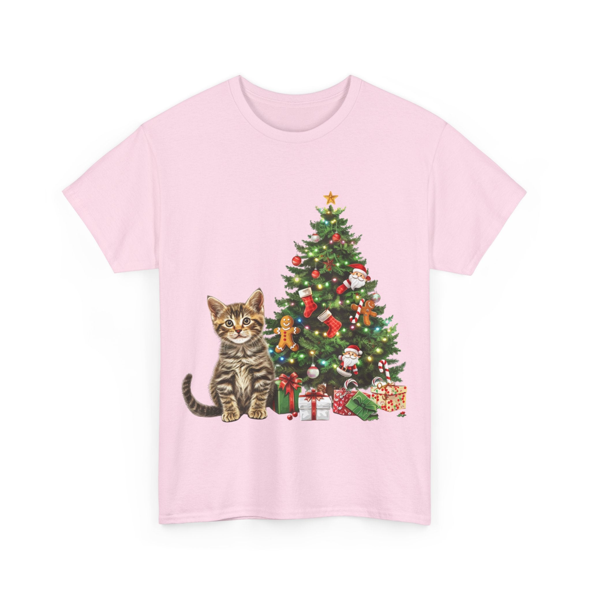 Printify T-Shirt Adorable Tabby Kitten with Christmas Tree and Gifts – Festive Holiday Cat Art