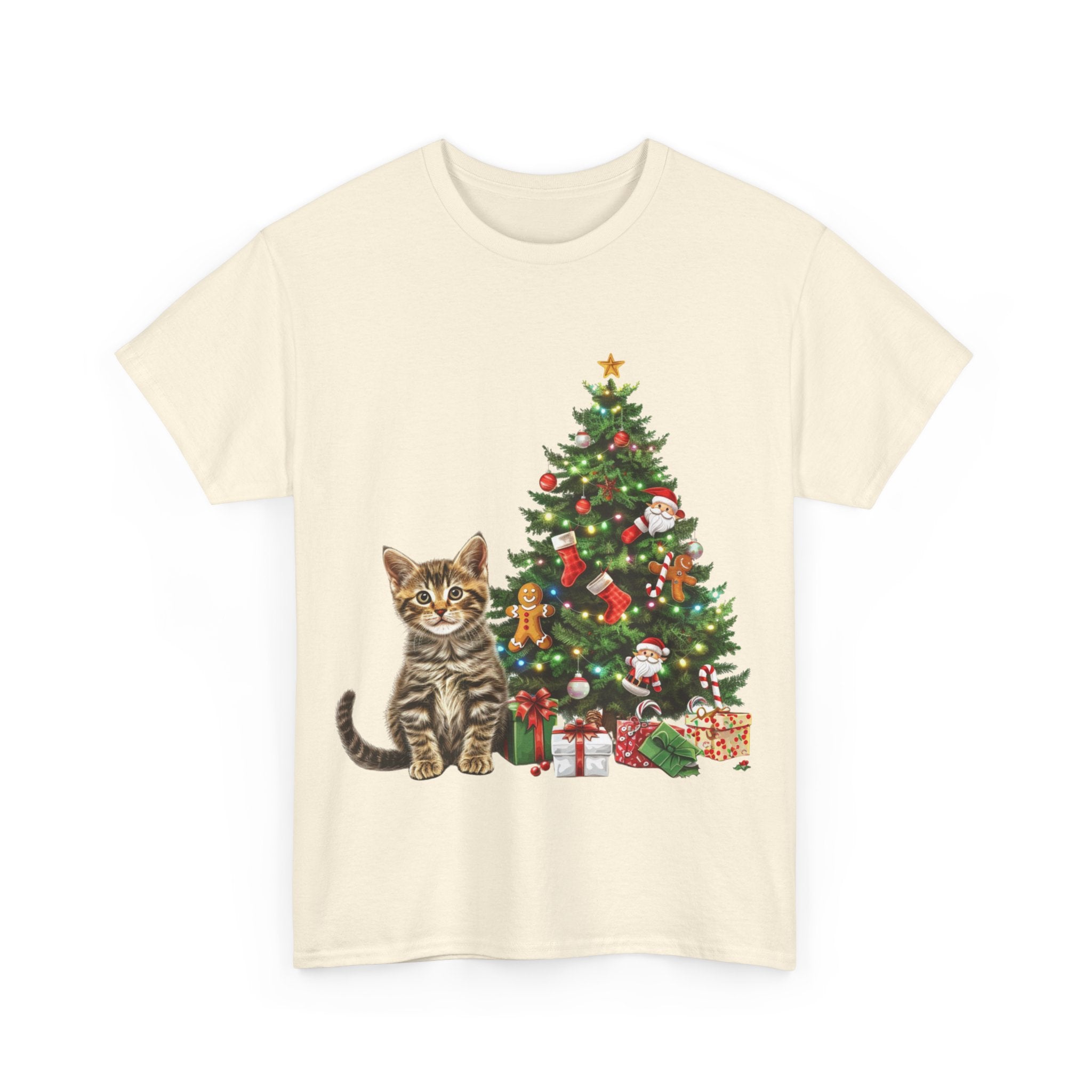 Printify T-Shirt Adorable Tabby Kitten with Christmas Tree and Gifts – Festive Holiday Cat Art