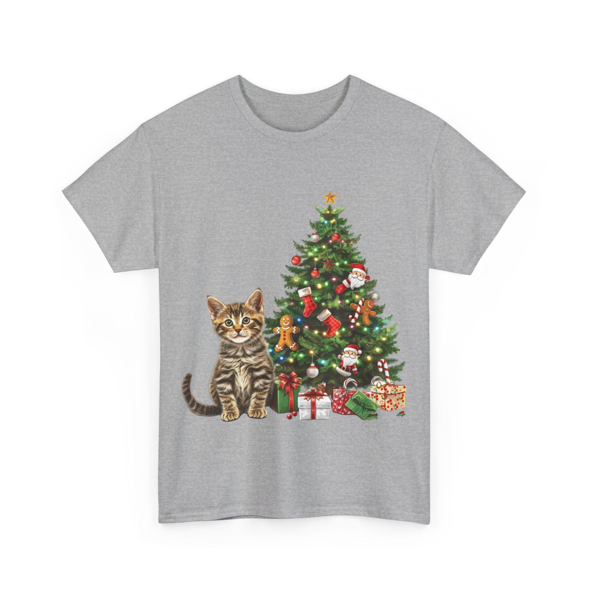 Printify T-Shirt Adorable Tabby Kitten with Christmas Tree and Gifts – Festive Holiday Cat Art