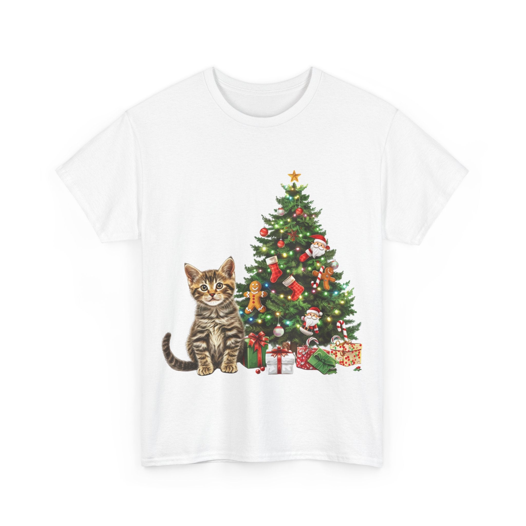 Printify T-Shirt Adorable Tabby Kitten with Christmas Tree and Gifts – Festive Holiday Cat Art