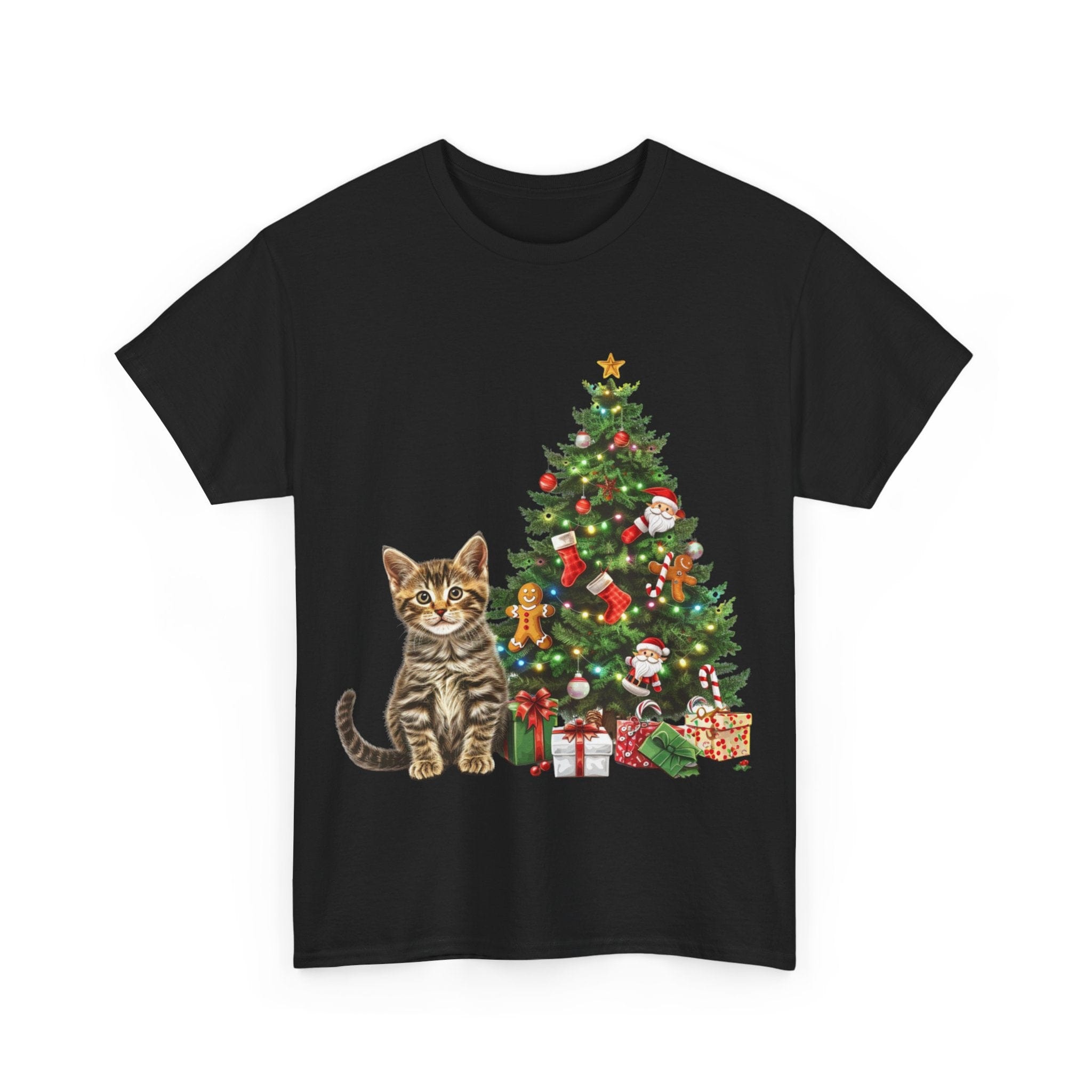 Printify T-Shirt Adorable Tabby Kitten with Christmas Tree and Gifts – Festive Holiday Cat Art