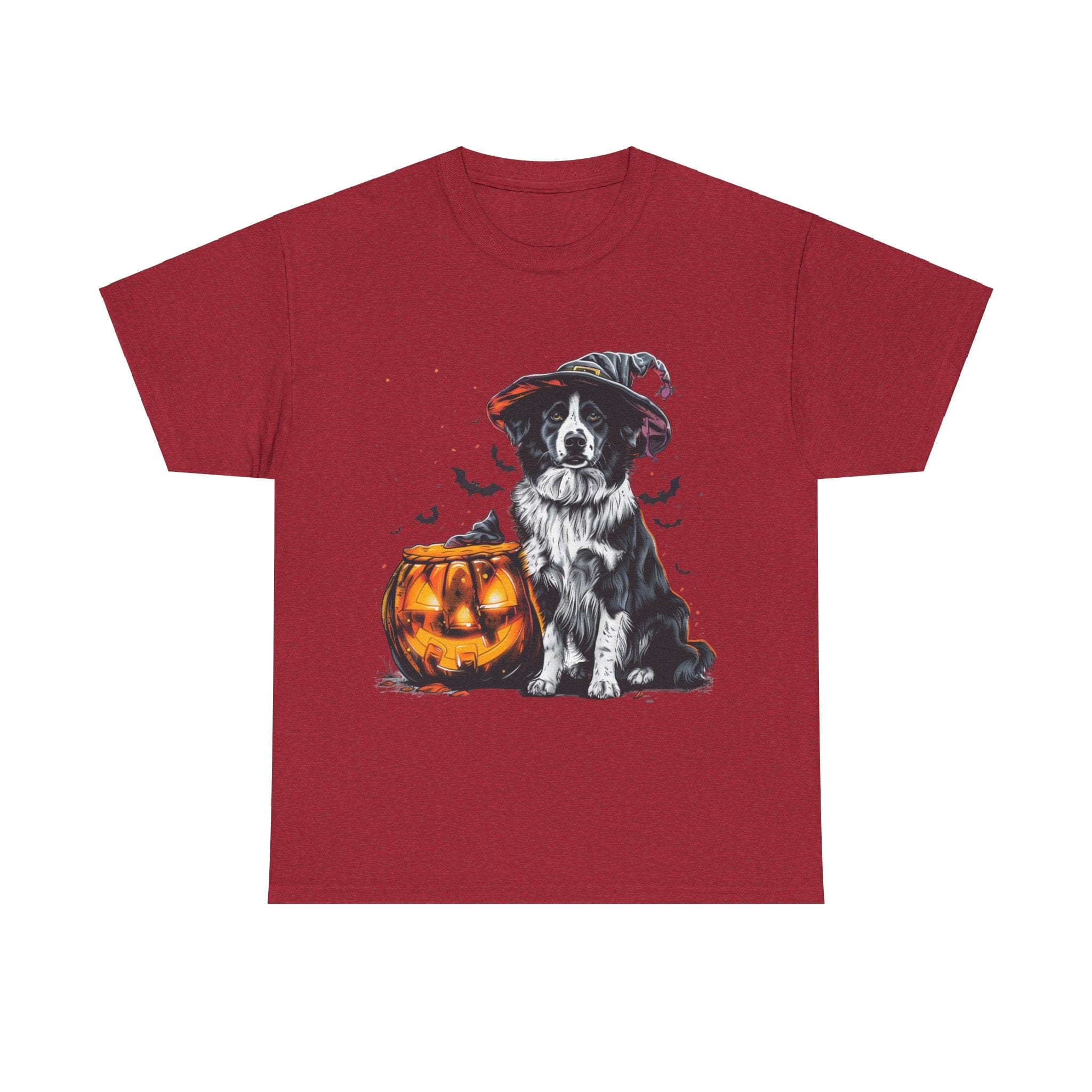 Printify T-Shirt Antique Cherry Red / S Border Collie Halloween Witch Hat Tee – Unisex Cotton Shirt