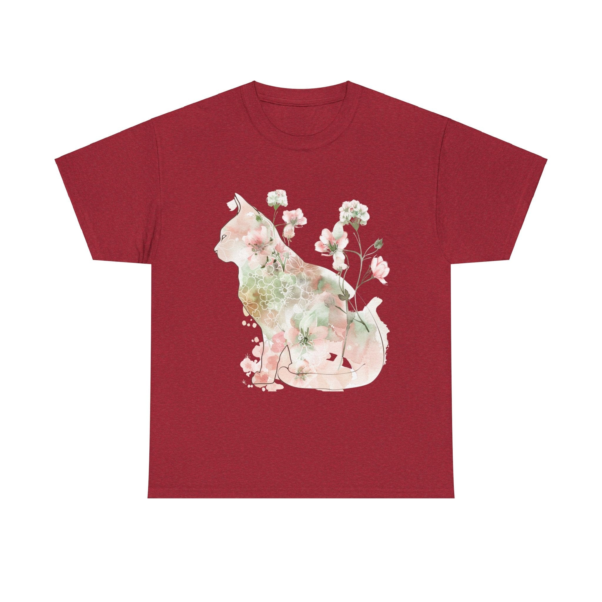 Printify T-Shirt Antique Cherry Red / S Floral Cat Unisex Heavy Cotton Tee