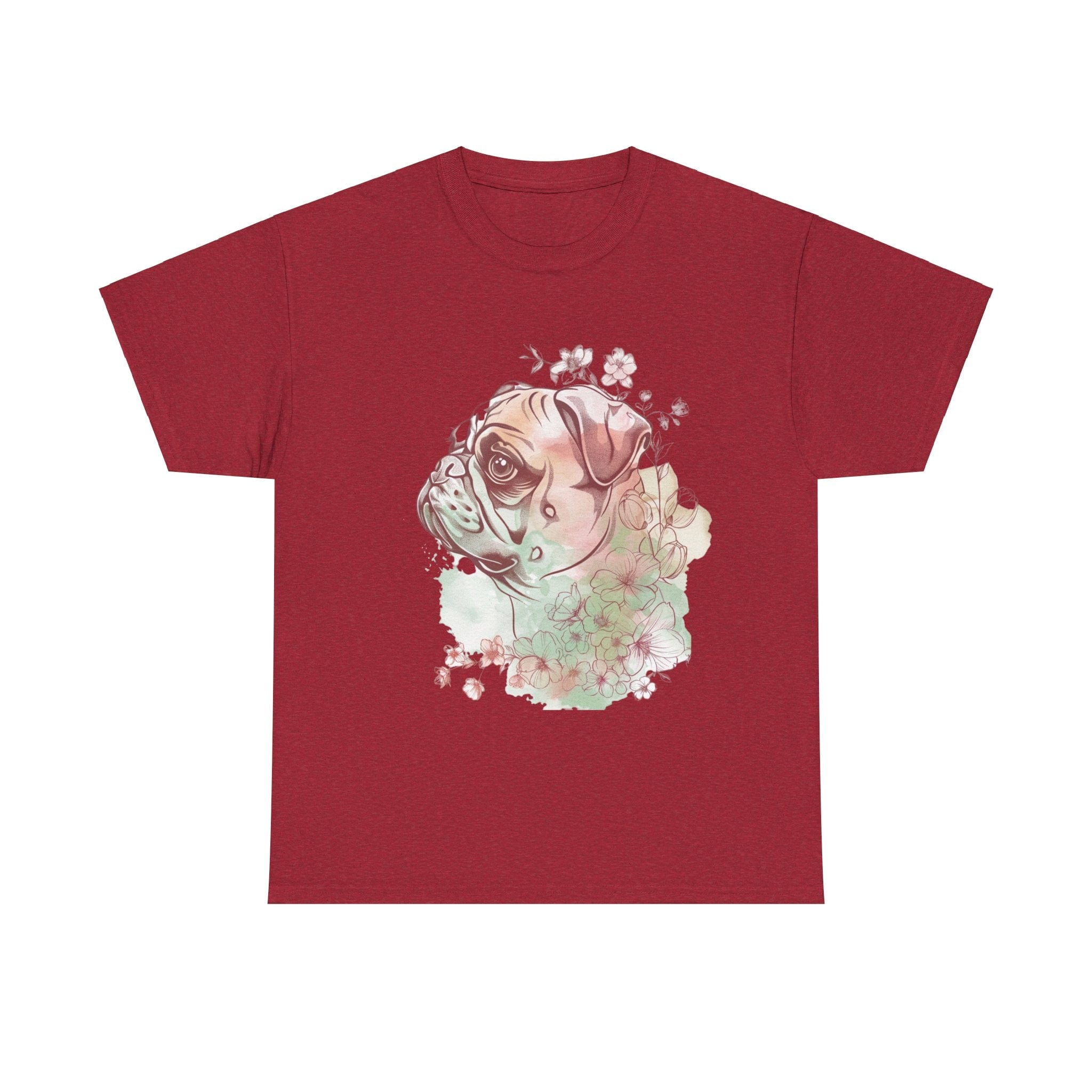 Printify T-Shirt Antique Cherry Red / S Floral Pug Silhouette Unisex Heavy Cotton Tee