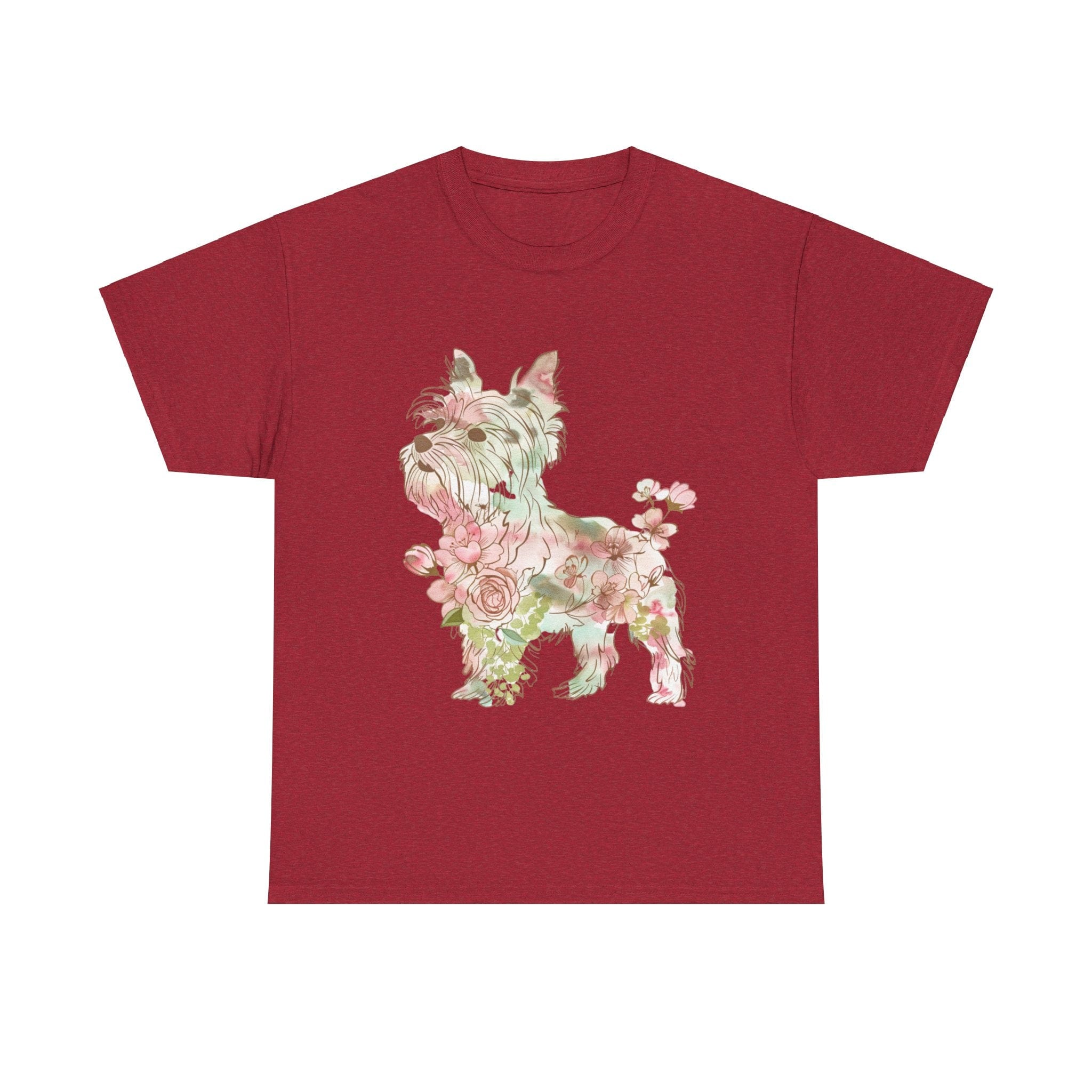 Printify T-Shirt Antique Cherry Red / S Floral Yorkshire Terrier Unisex Cotton Tee