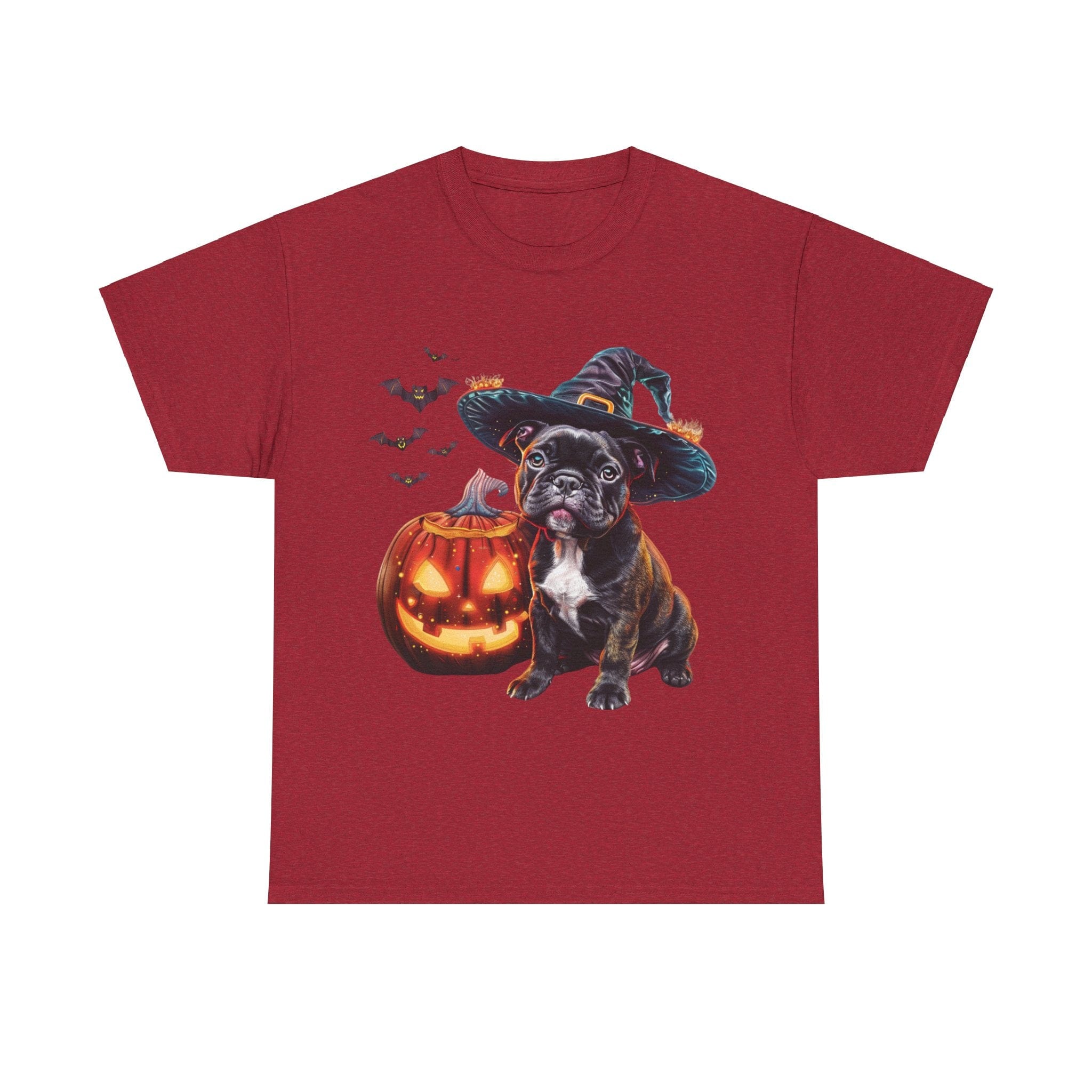 Printify T-Shirt Antique Cherry Red / S French Bulldog Halloween Witch Hat and Pumpkin Unisex Cotton Tee