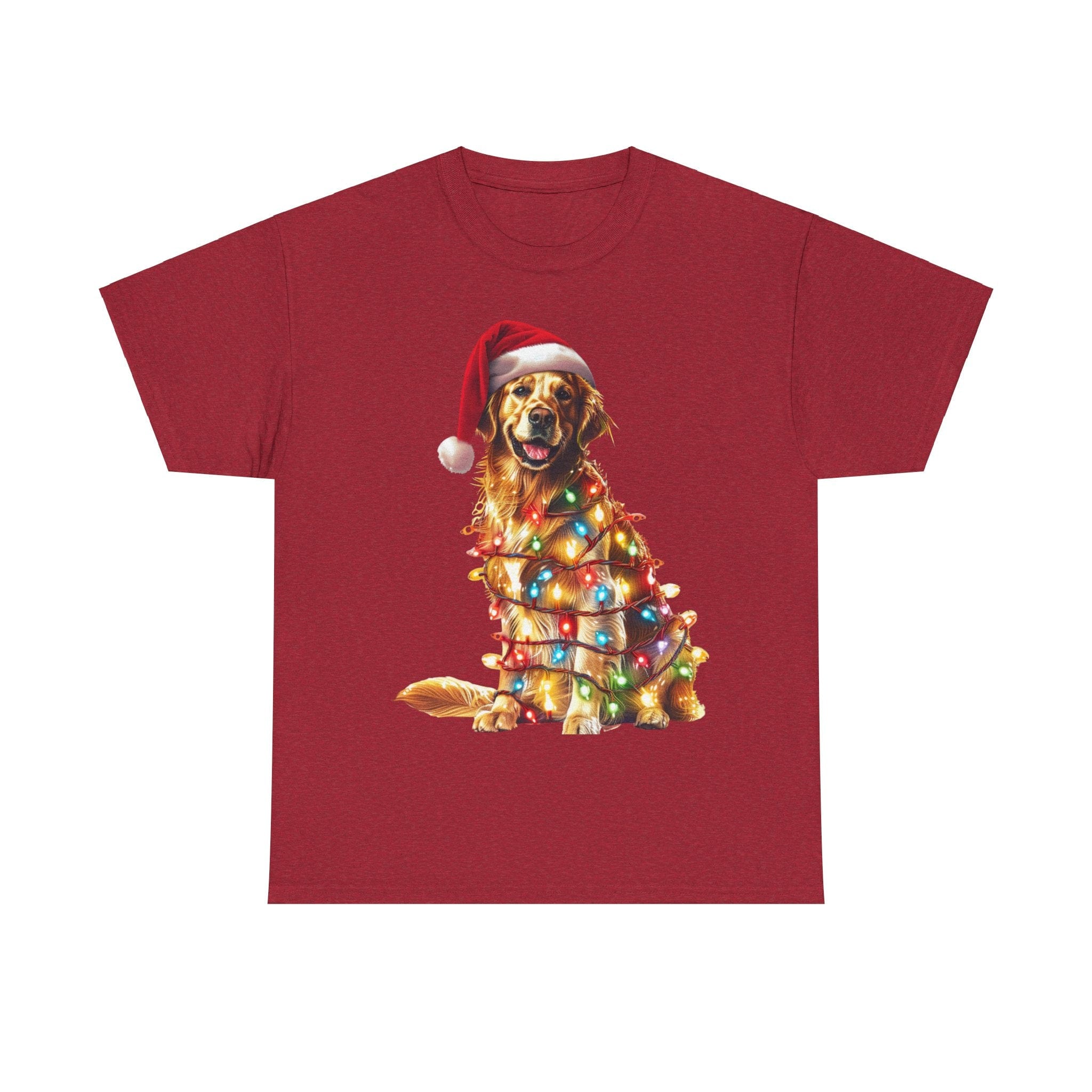 Printify T-Shirt Antique Cherry Red / S Golden Retriever Christmas Lights Unisex Heavy Cotton Tee