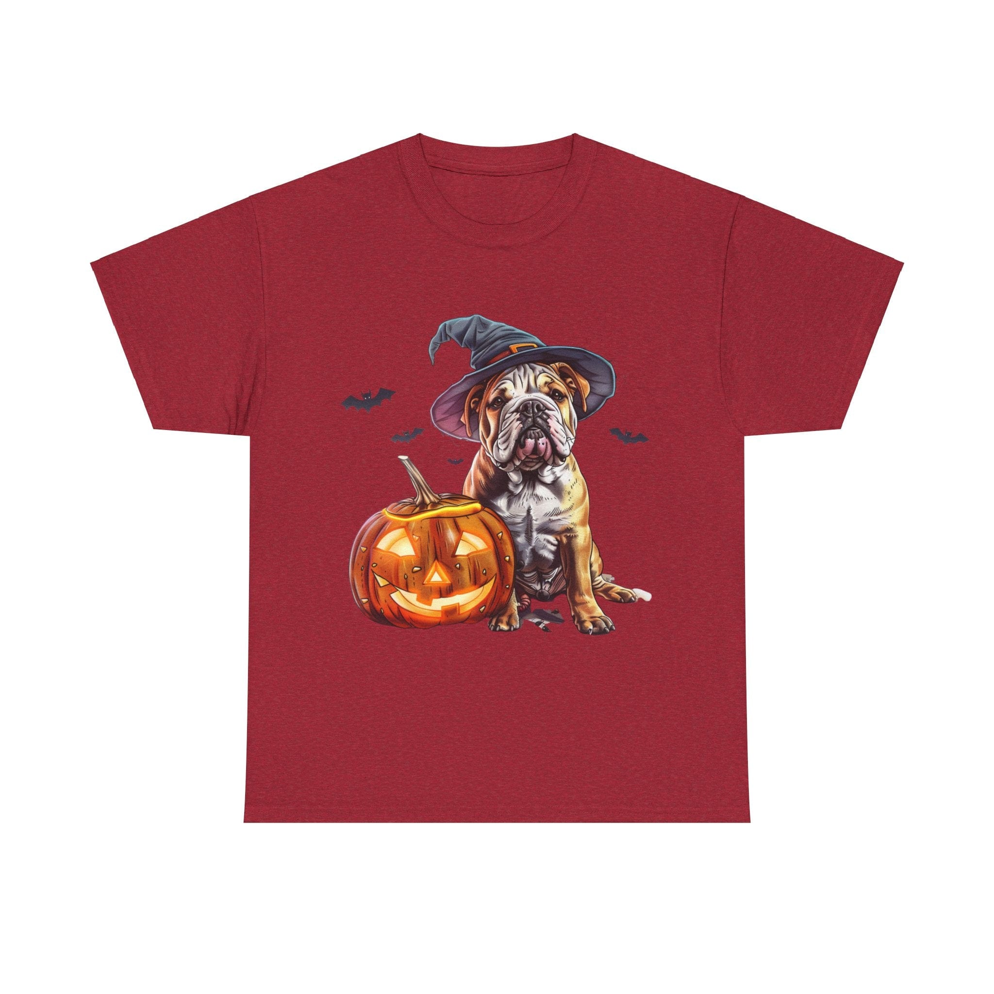 Printify T-Shirt Antique Cherry Red / S Halloween Bulldog Witch Hat & Pumpkin Glow Unisex Cotton Tee