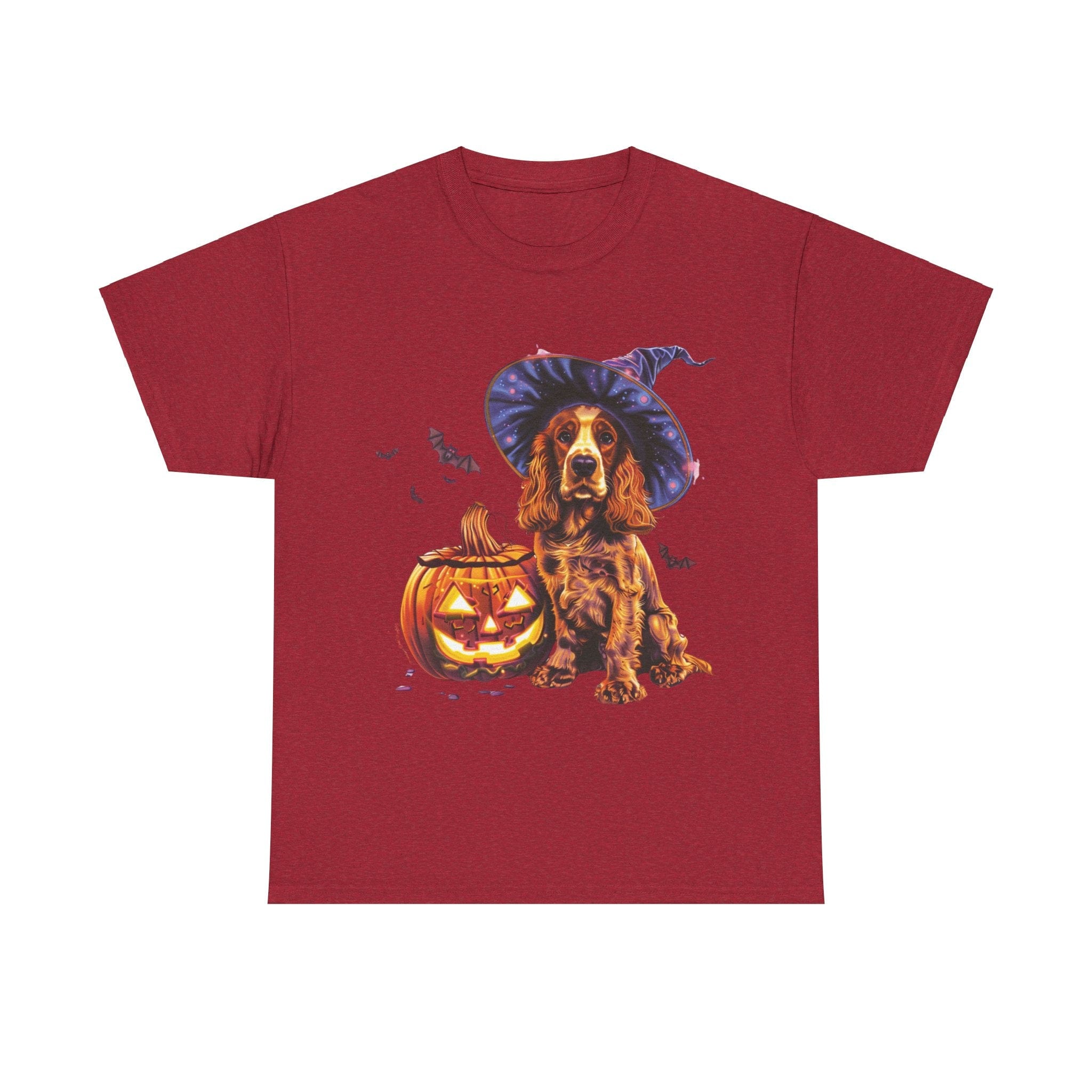 Printify T-Shirt Antique Cherry Red / S Halloween Cocker Spaniel Witch Hat and Pumpkin Unisex Cotton Tee