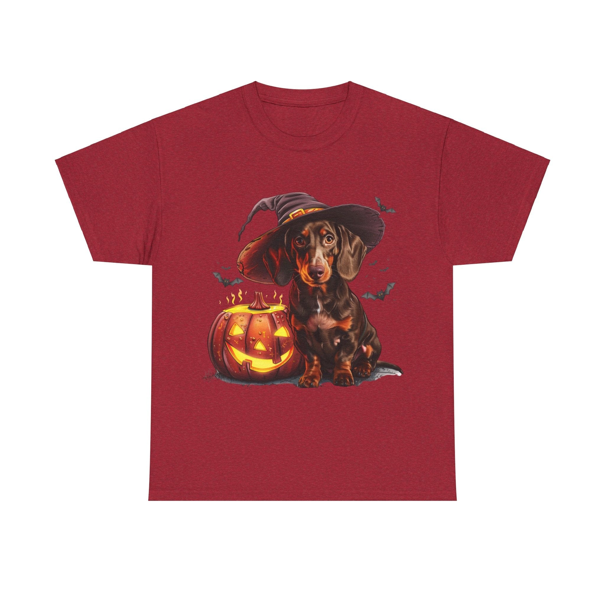 Printify T-Shirt Antique Cherry Red / S Halloween Dachshund in Witch Hat Tee – Unisex Cotton Shirt