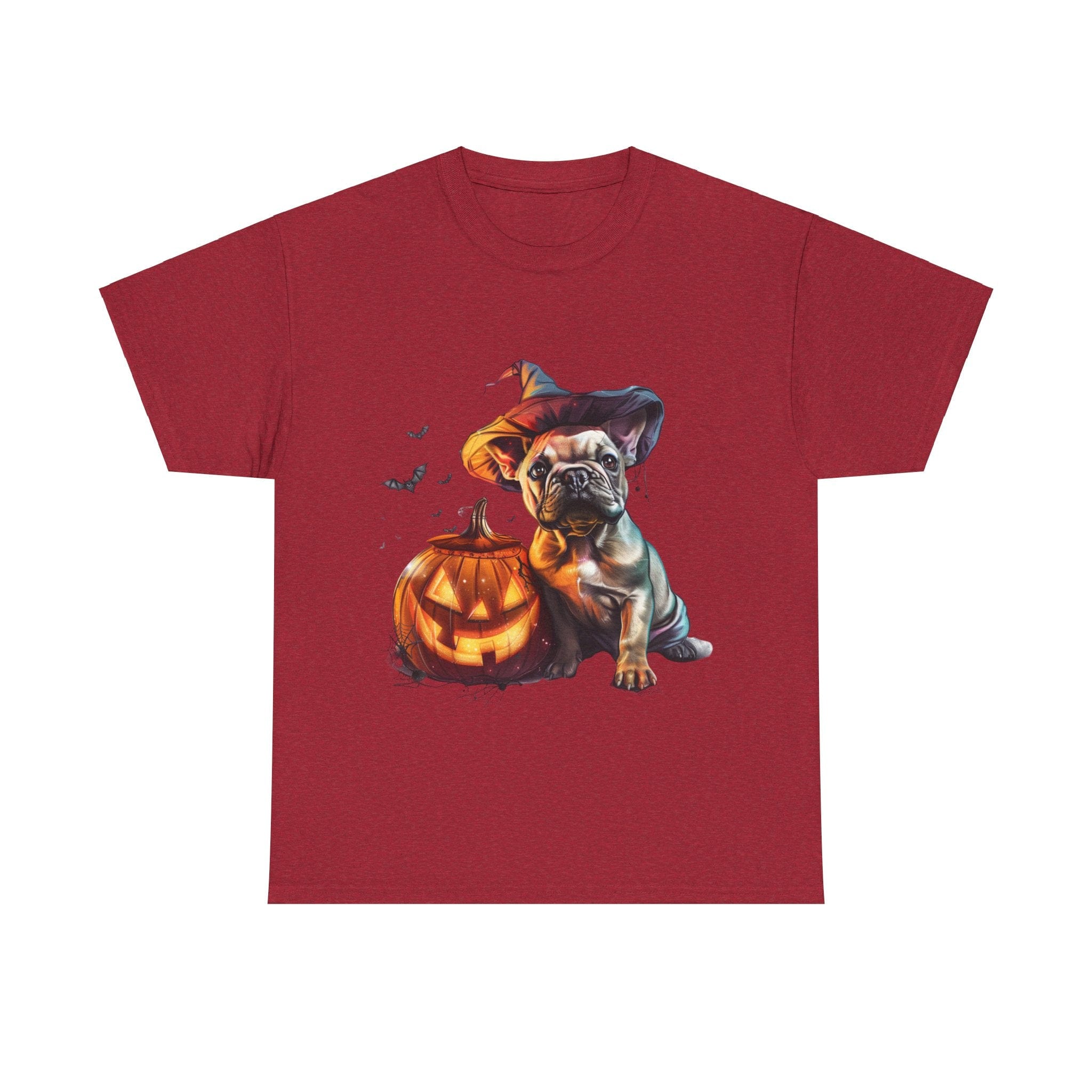 Printify T-Shirt Antique Cherry Red / S Halloween French Bulldog with Pumpkin and Witch Hat Unisex Cotton Tee