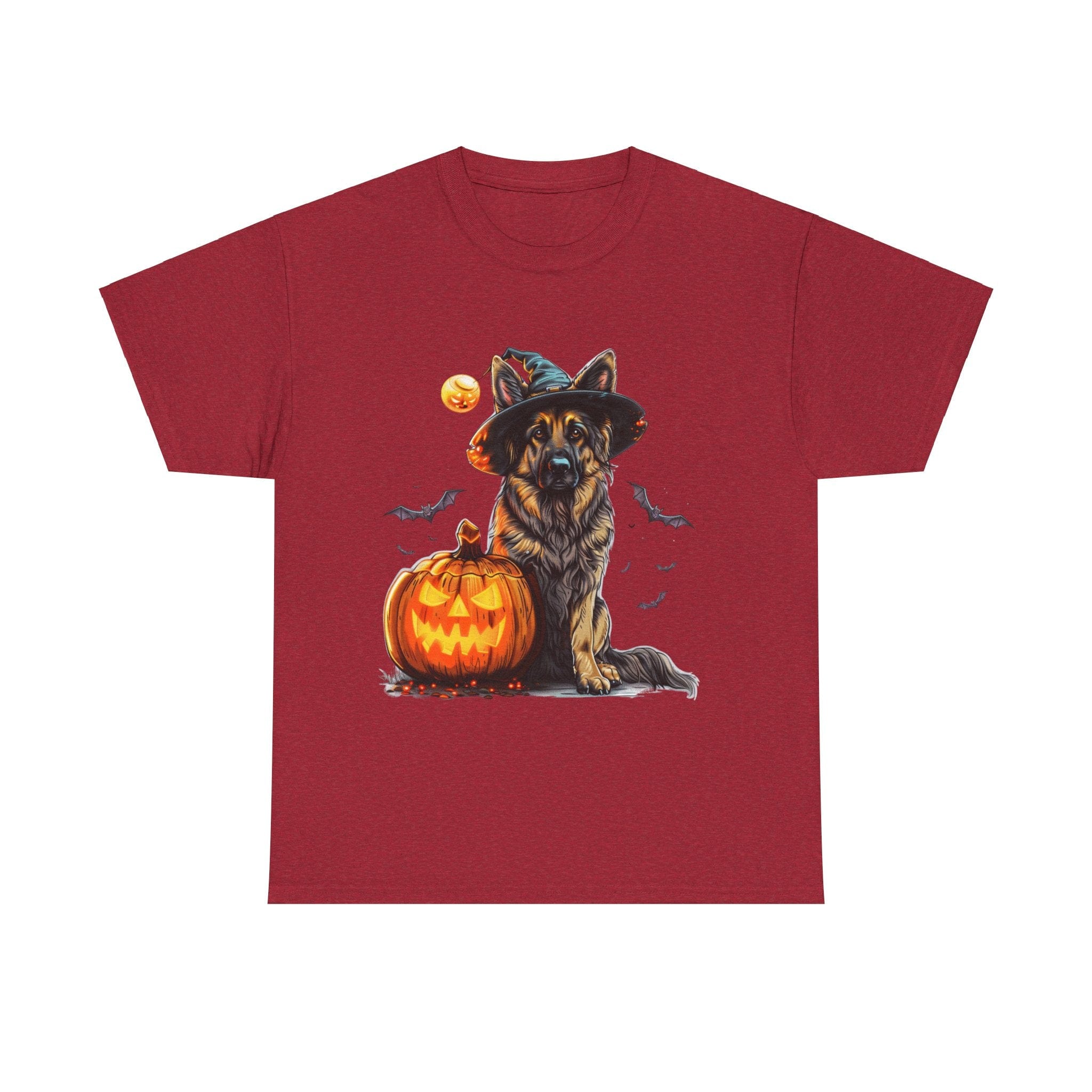 Printify T-Shirt Antique Cherry Red / S Halloween German Shepherd with Witch Hat and Pumpkin Unisex Cotton Tee