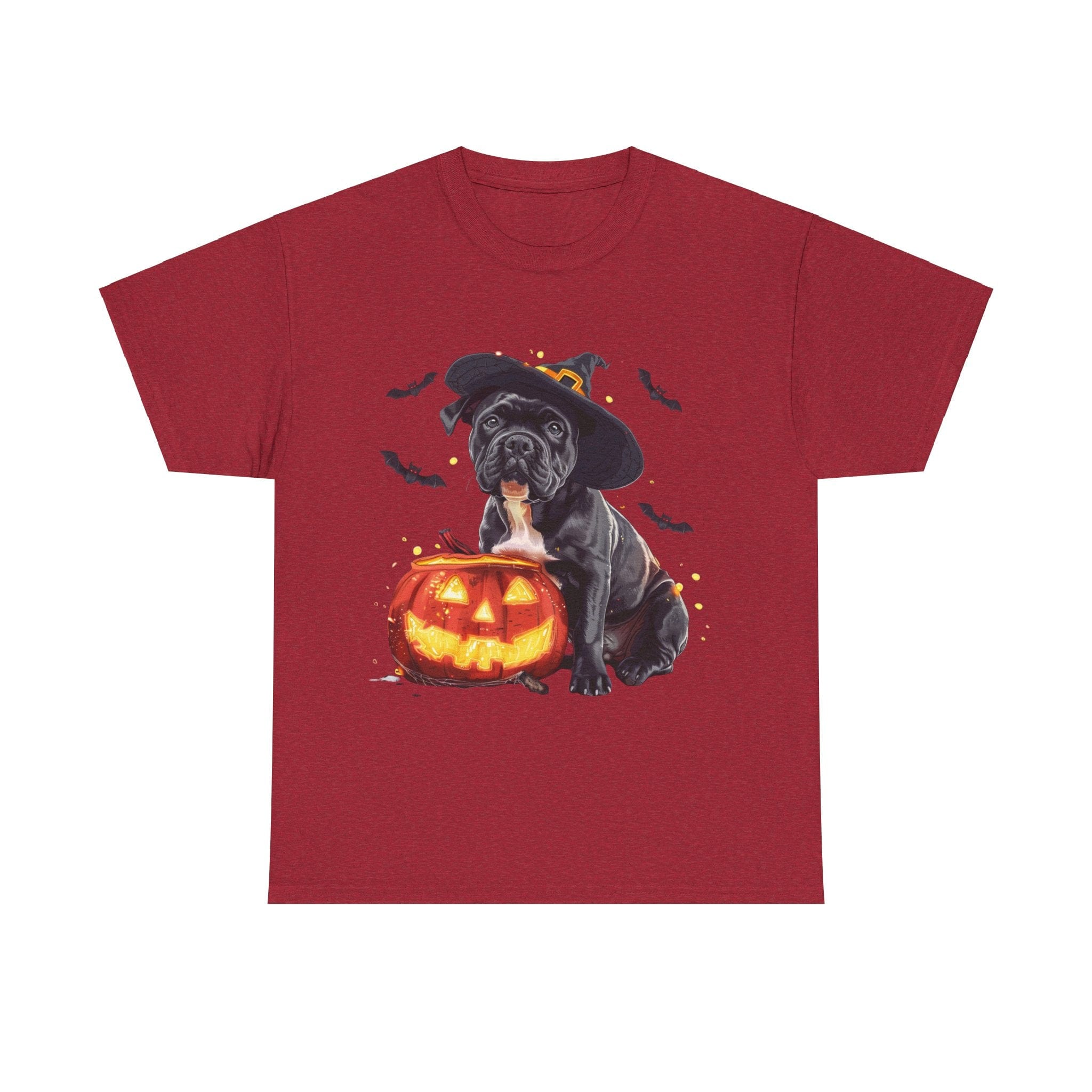 Printify T-Shirt Antique Cherry Red / S Halloween Staffordshire Bull Terrier in Witch Hat Tee – Unisex Cotton Shirt