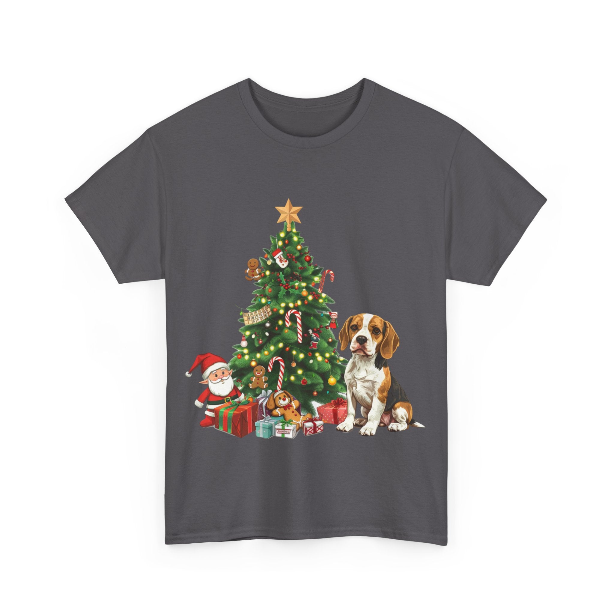 Printify T-Shirt Beagle with Christmas Tree and Gifts – Festive Holiday Dog Art