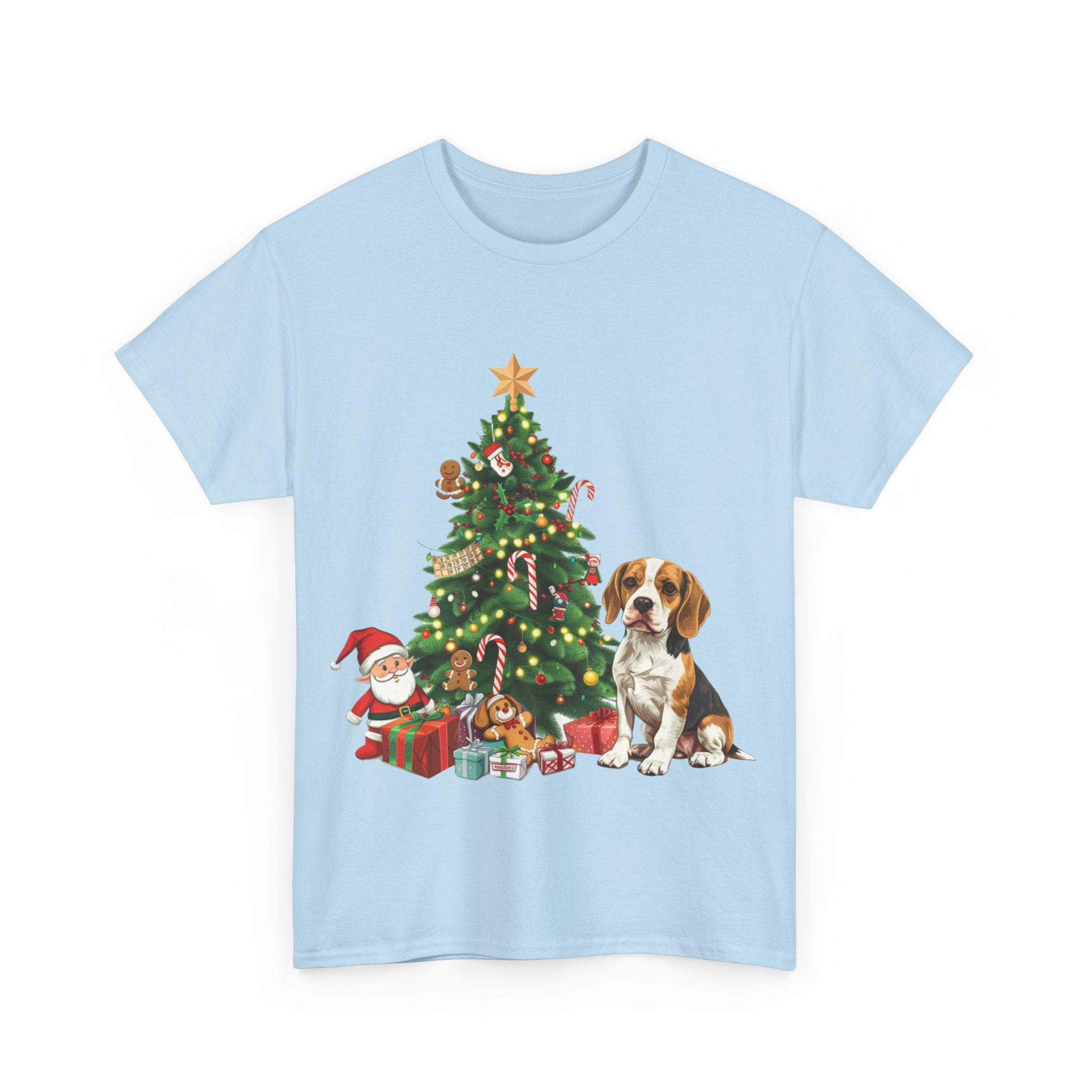 Printify T-Shirt Beagle with Christmas Tree and Gifts – Festive Holiday Dog Art