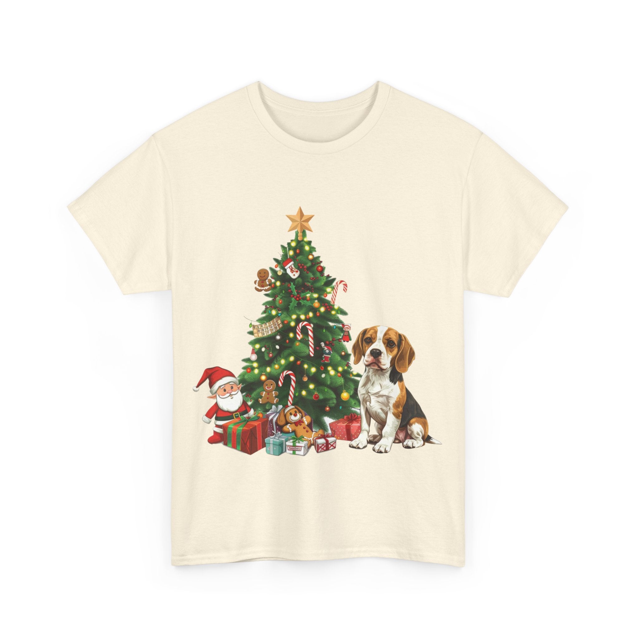 Printify T-Shirt Beagle with Christmas Tree and Gifts – Festive Holiday Dog Art