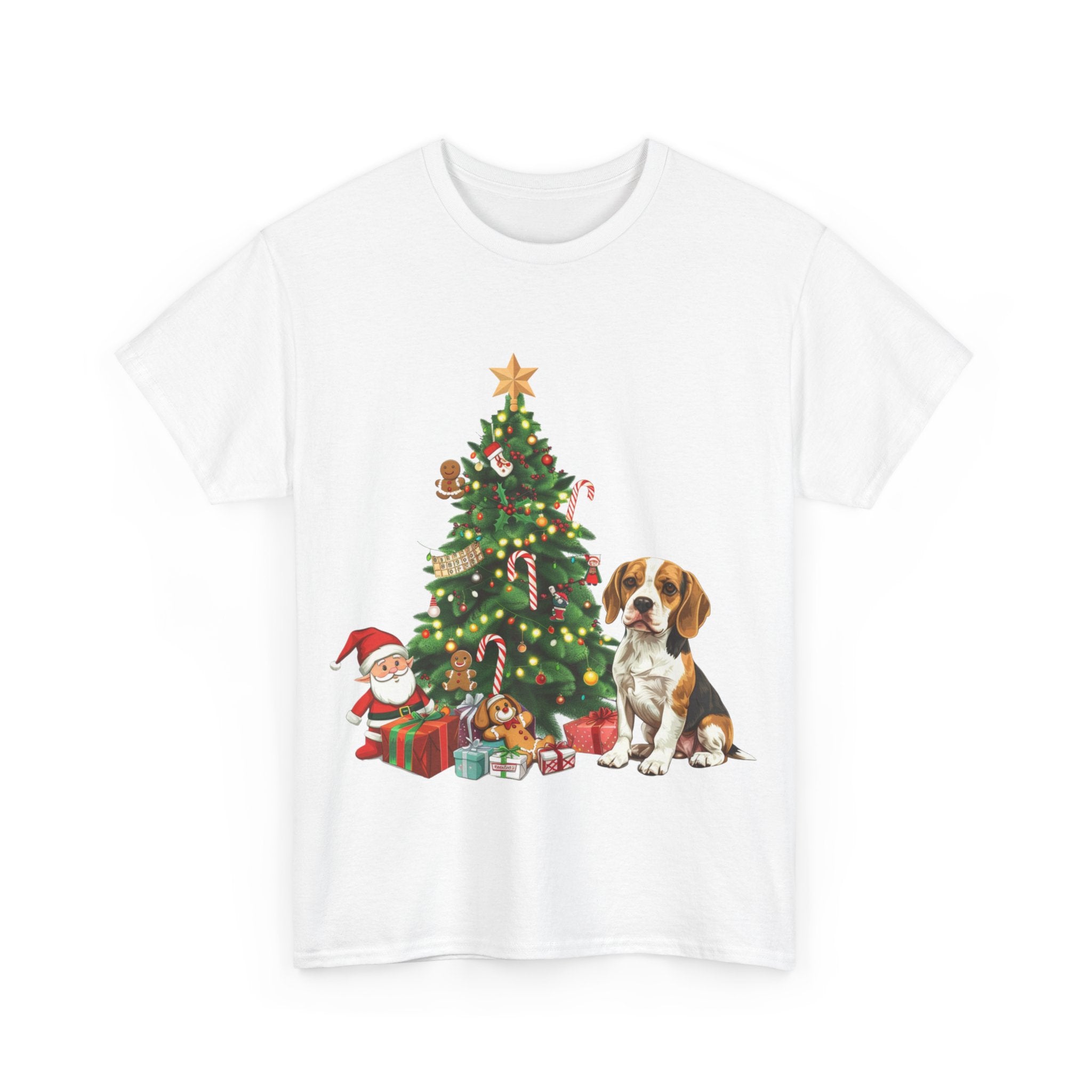 Printify T-Shirt Beagle with Christmas Tree and Gifts – Festive Holiday Dog Art