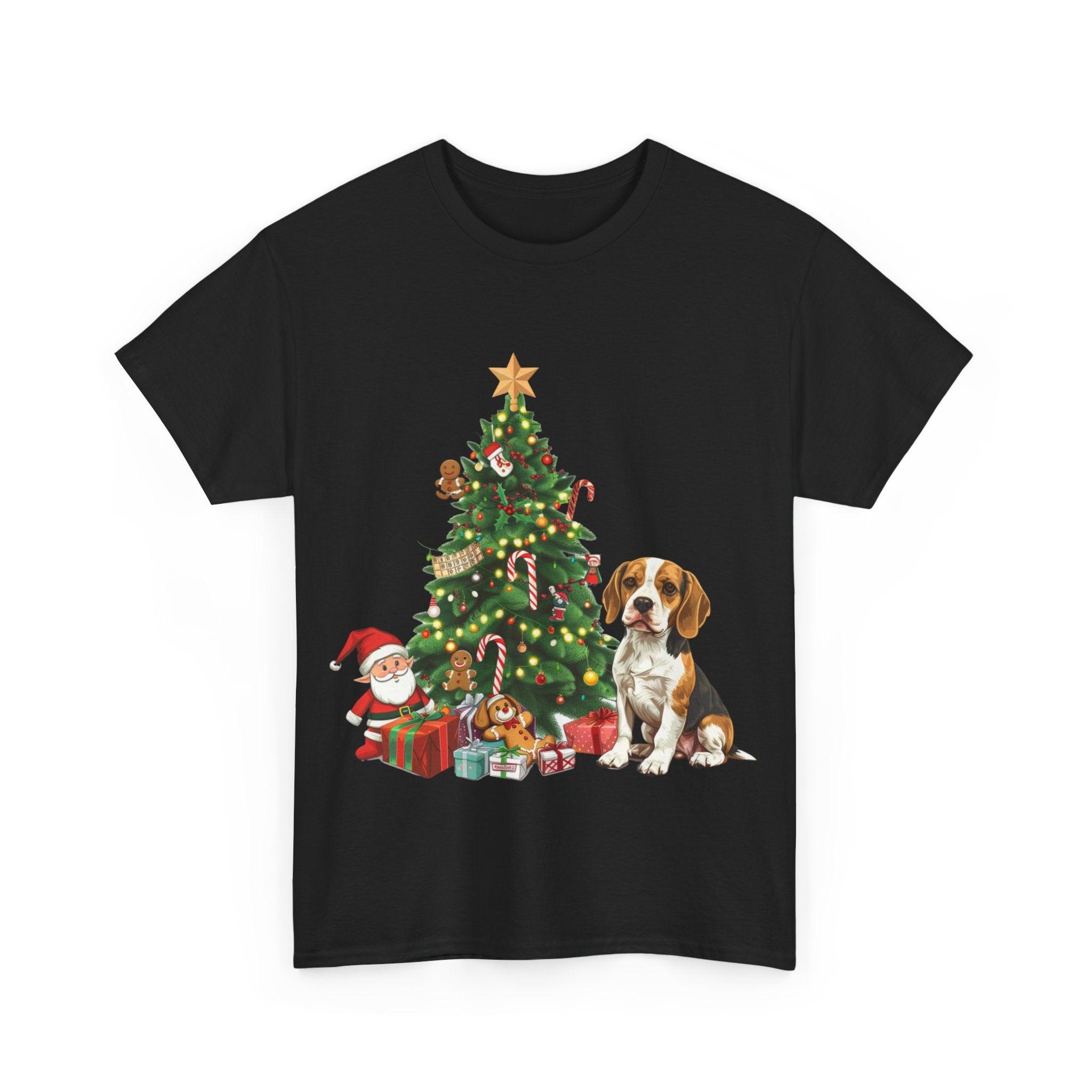 Printify T-Shirt Beagle with Christmas Tree and Gifts – Festive Holiday Dog Art