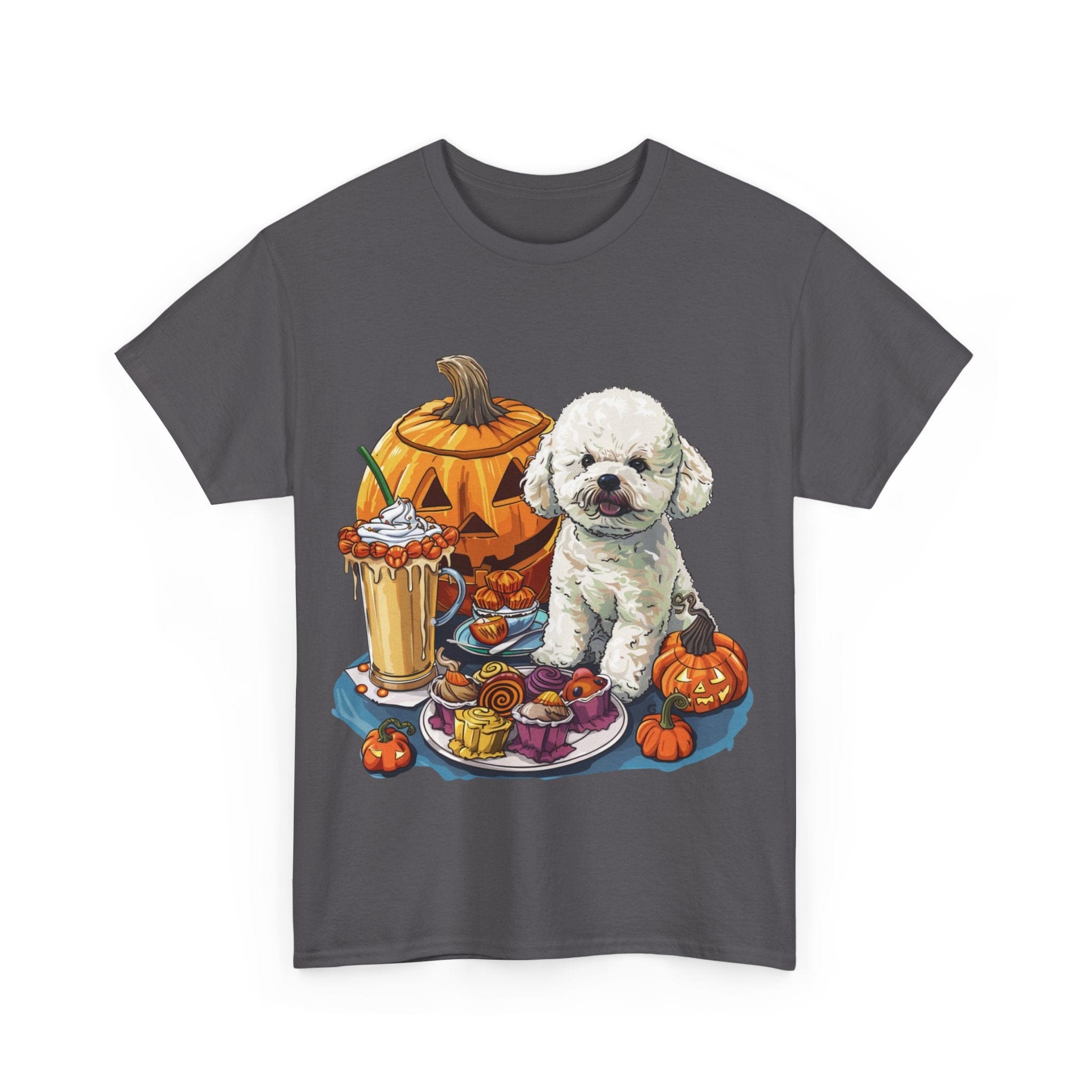 Printify T-Shirt Bichon Frise Halloween Design with Jack-o'-Lanterns and Festive Treats – Perfect for Dog Lovers