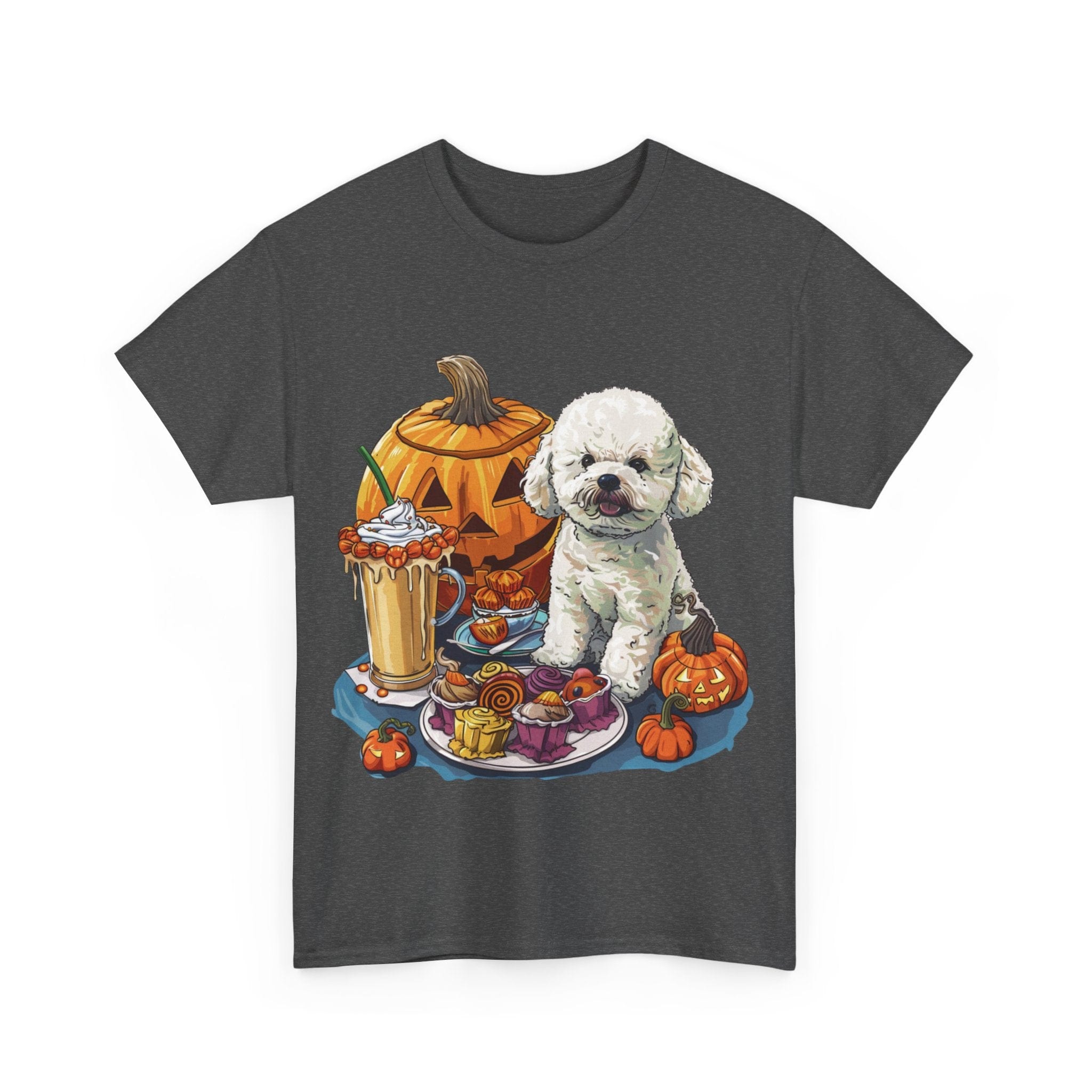 Printify T-Shirt Bichon Frise Halloween Design with Jack-o'-Lanterns and Festive Treats – Perfect for Dog Lovers