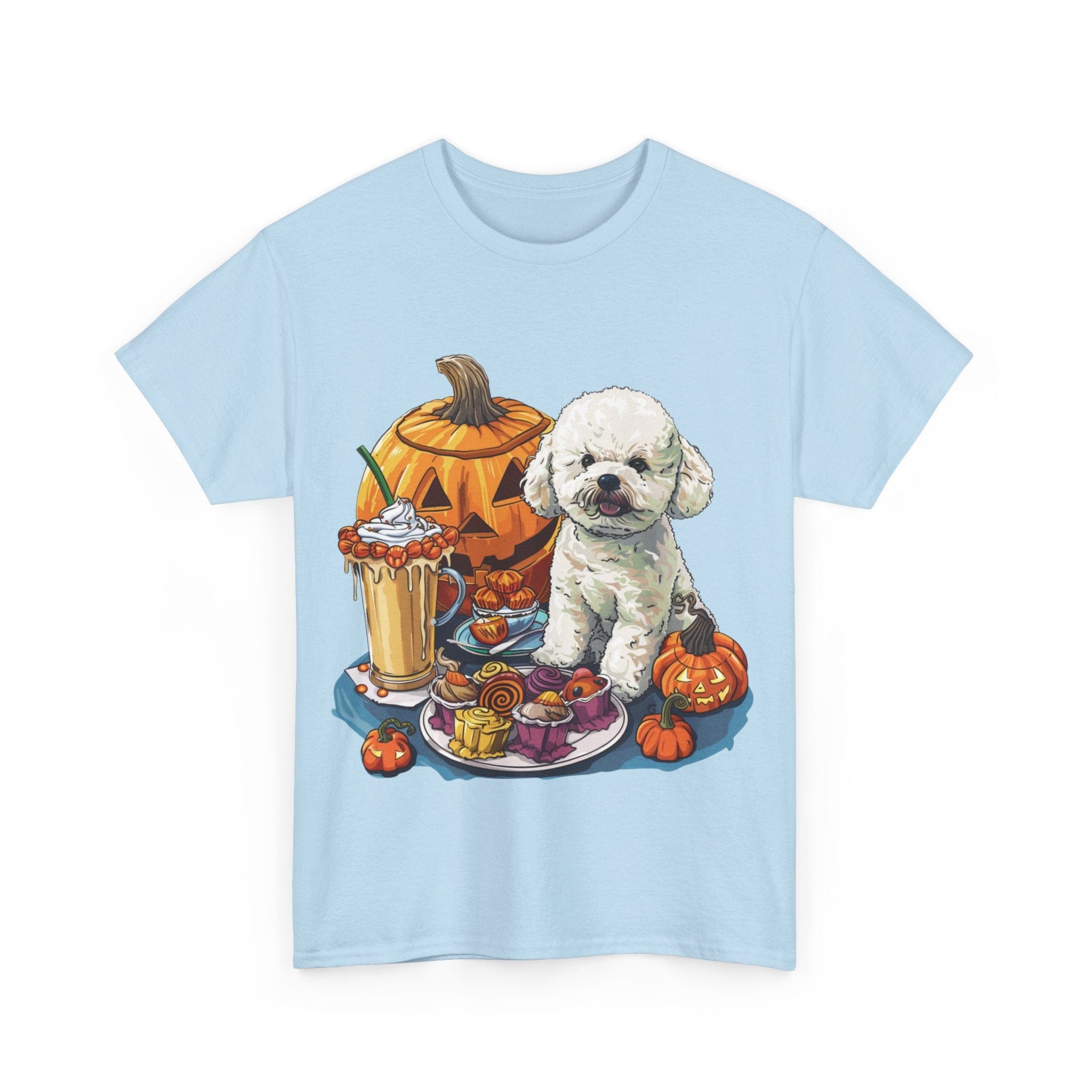 Printify T-Shirt Bichon Frise Halloween Design with Jack-o'-Lanterns and Festive Treats – Perfect for Dog Lovers