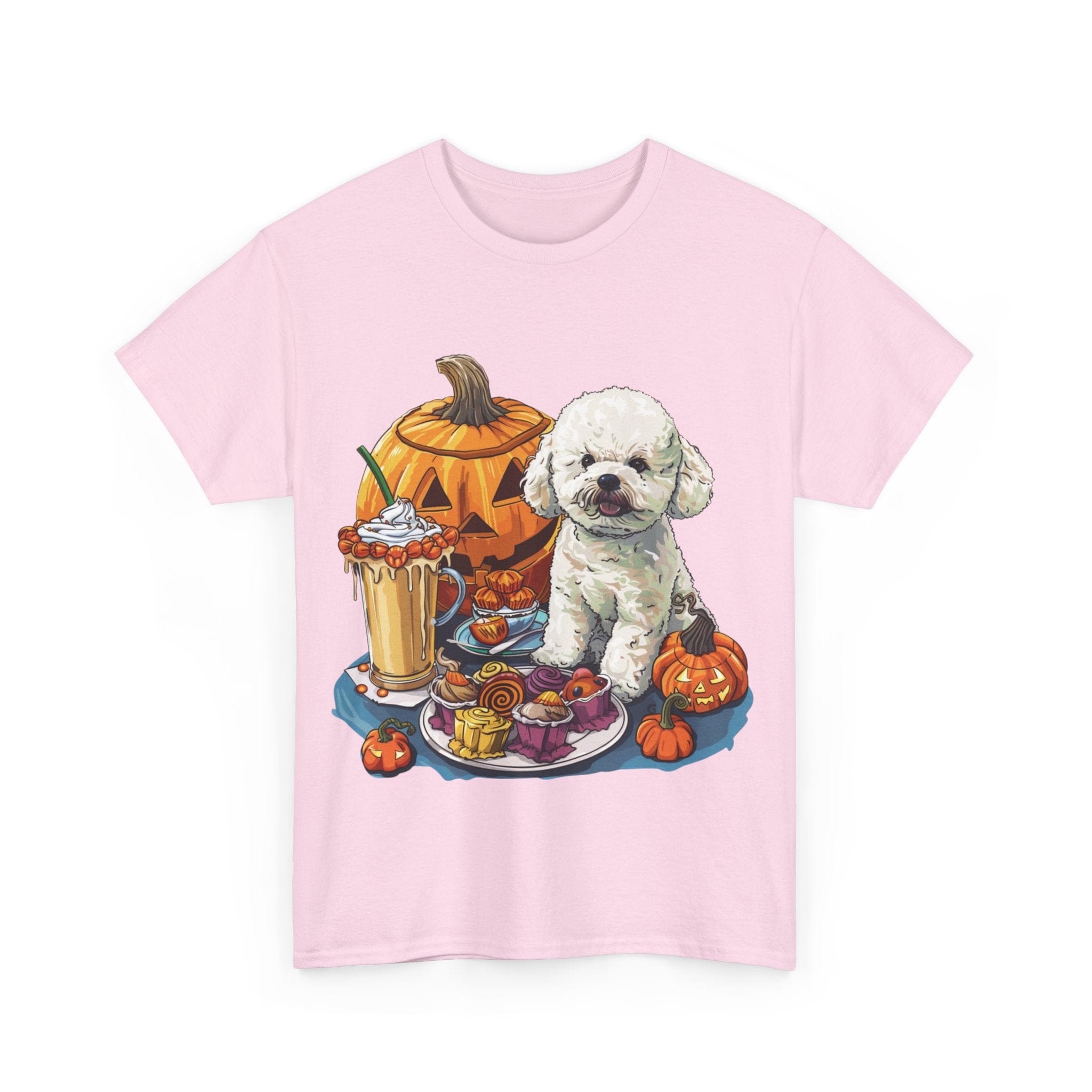 Printify T-Shirt Bichon Frise Halloween Design with Jack-o'-Lanterns and Festive Treats – Perfect for Dog Lovers