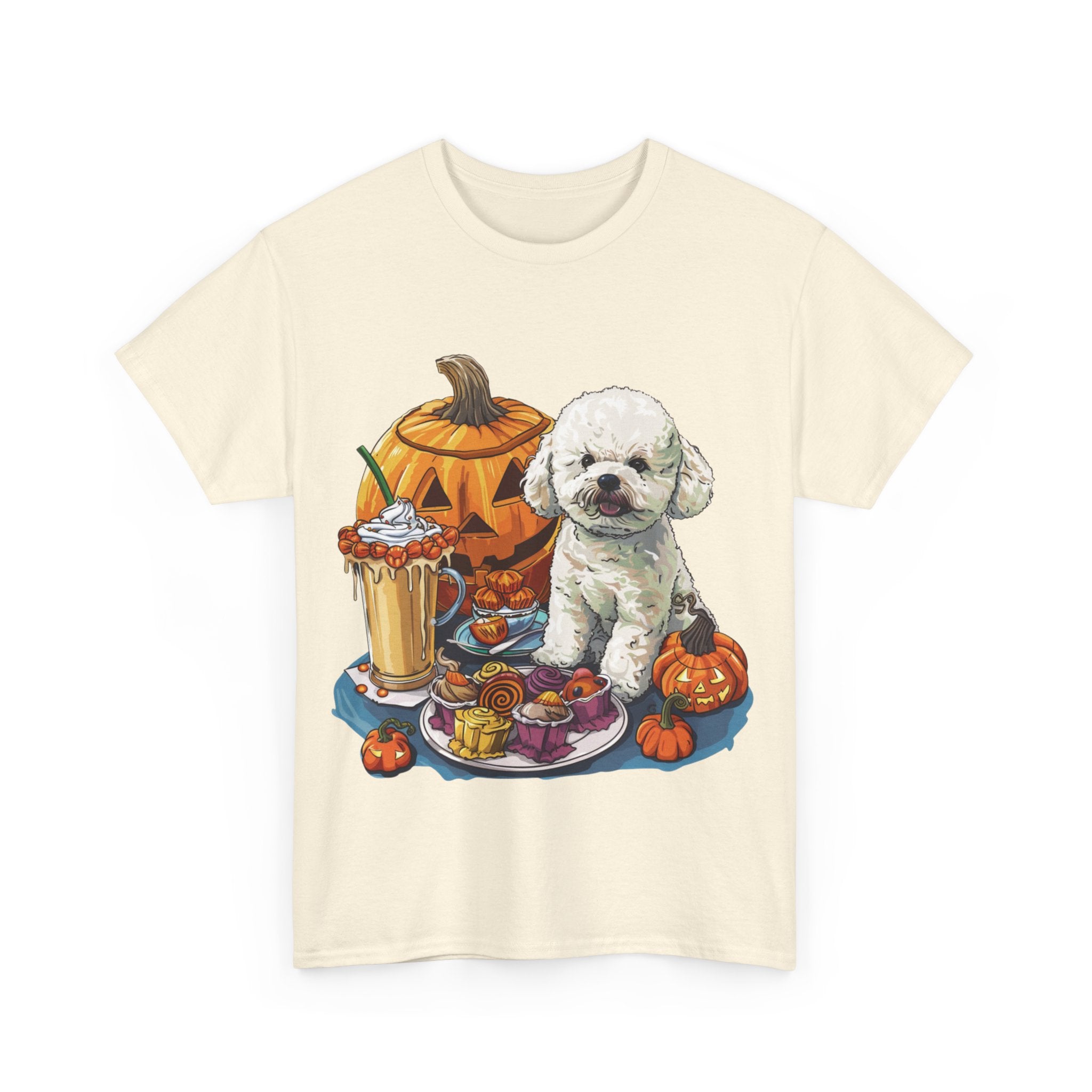 Printify T-Shirt Bichon Frise Halloween Design with Jack-o'-Lanterns and Festive Treats – Perfect for Dog Lovers