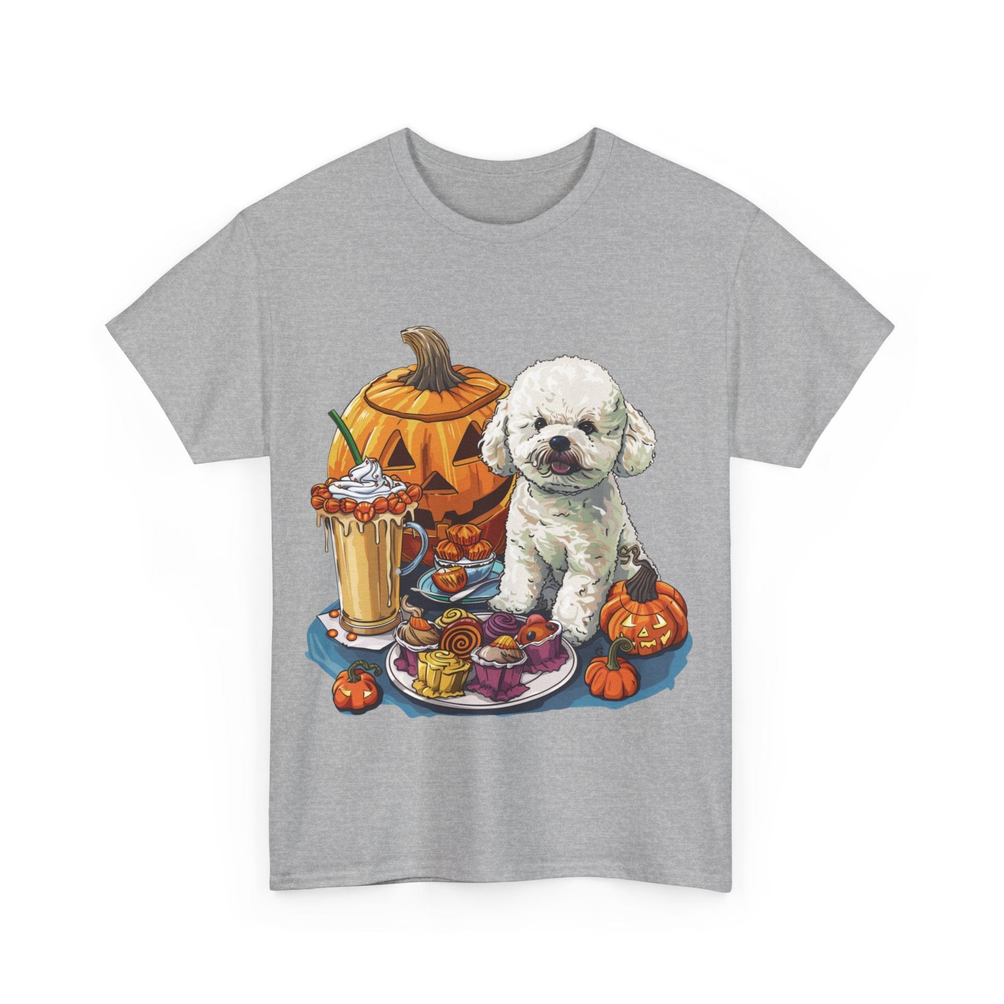 Printify T-Shirt Bichon Frise Halloween Design with Jack-o'-Lanterns and Festive Treats – Perfect for Dog Lovers