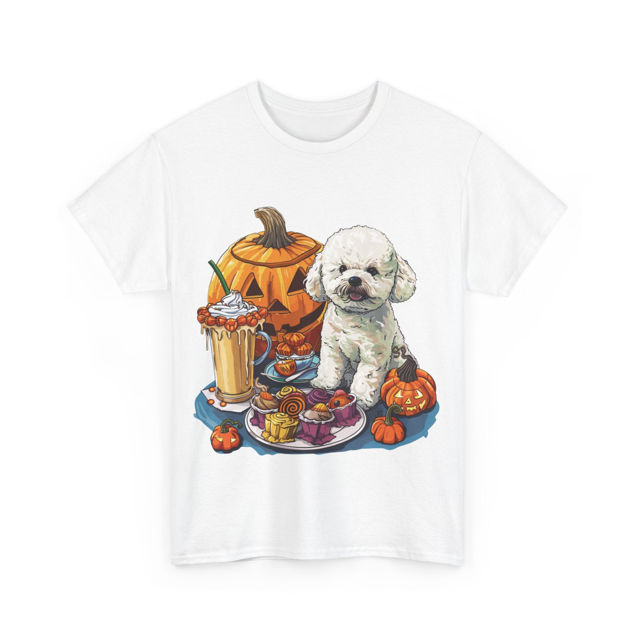 Printify T-Shirt Bichon Frise Halloween Design with Jack-o'-Lanterns and Festive Treats – Perfect for Dog Lovers