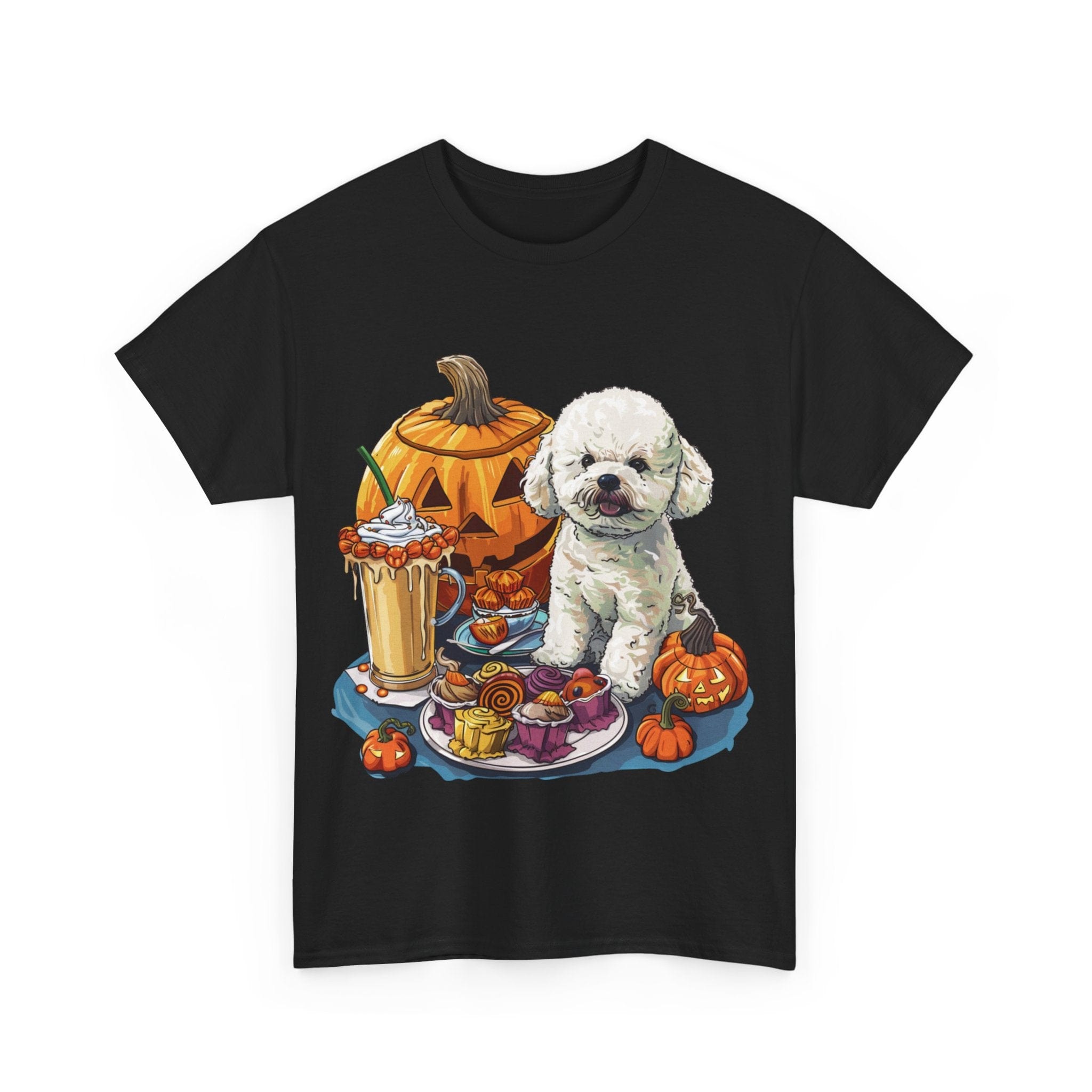 Printify T-Shirt Bichon Frise Halloween Design with Jack-o'-Lanterns and Festive Treats – Perfect for Dog Lovers