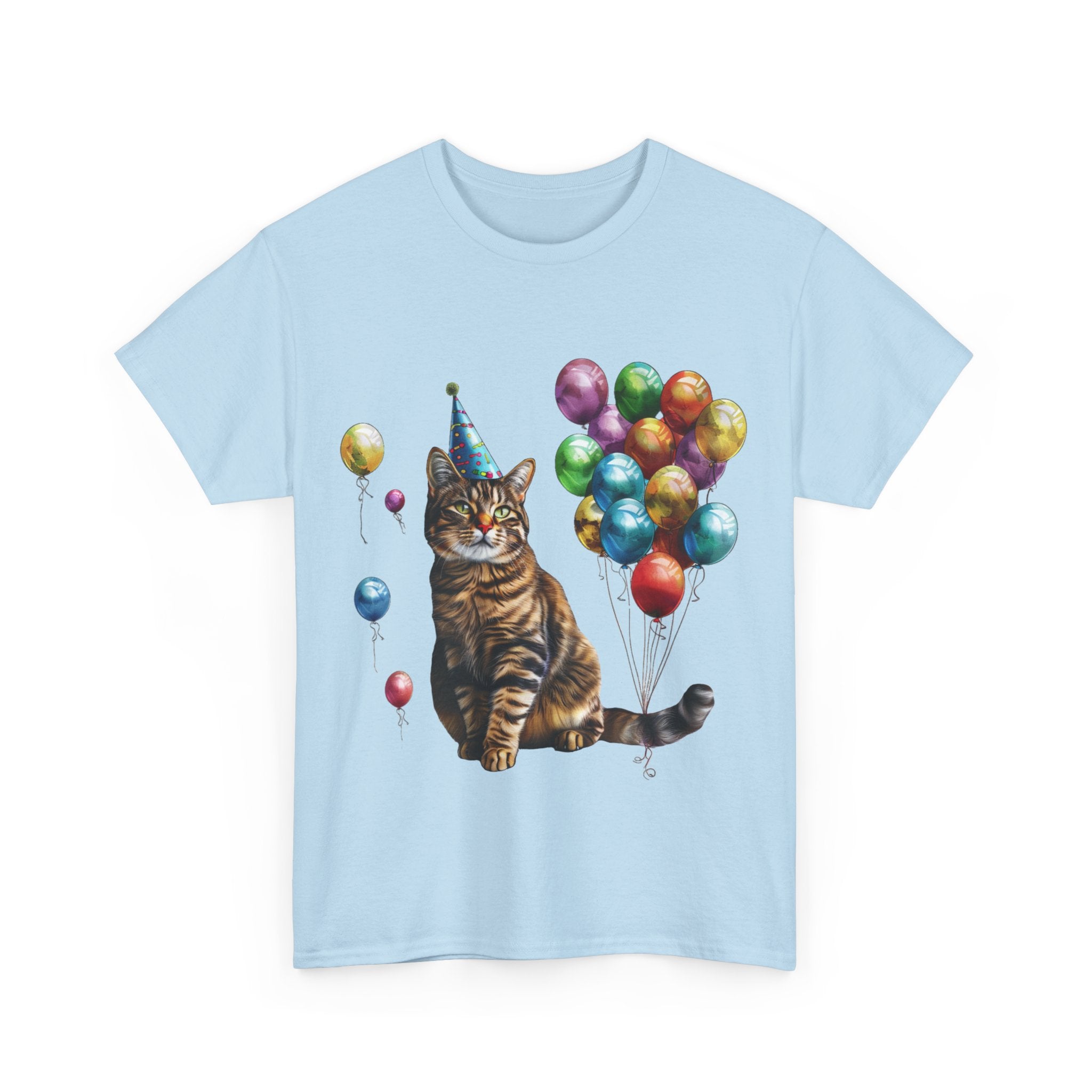 Printify T-Shirt Birthday Cat with Balloons – Celebrate in Feline Style!