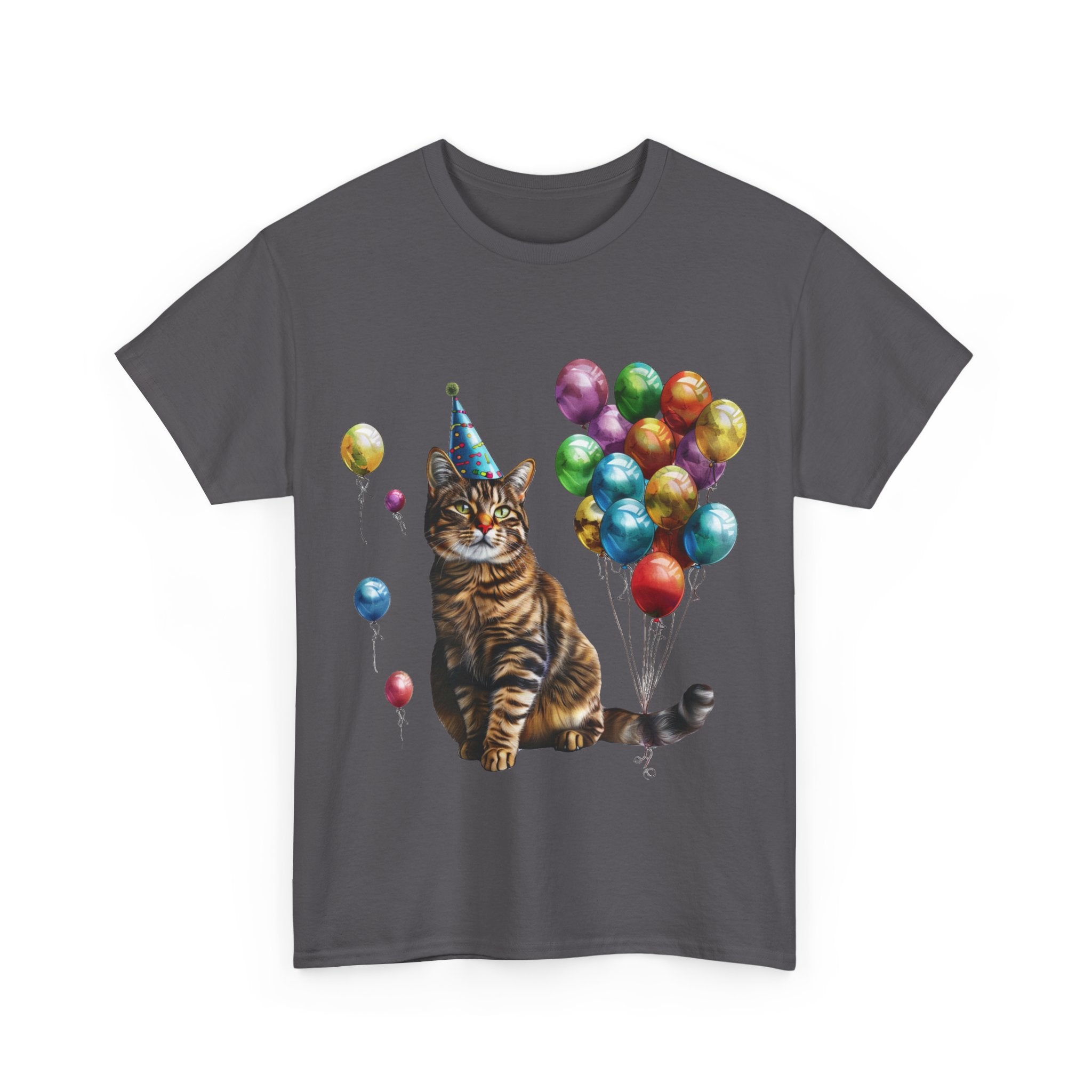 Printify T-Shirt Birthday Cat with Balloons – Celebrate in Feline Style!